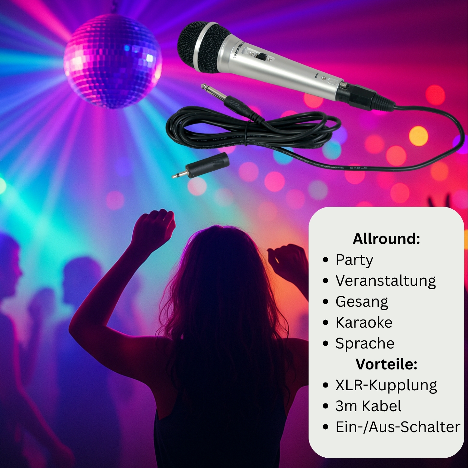 Ein Mikrofon mit Kabel, eine Diskokugel und tanzende Menschen im Hintergrund. Text listet Karaoke, Party und verwandte Anwendungen auf.