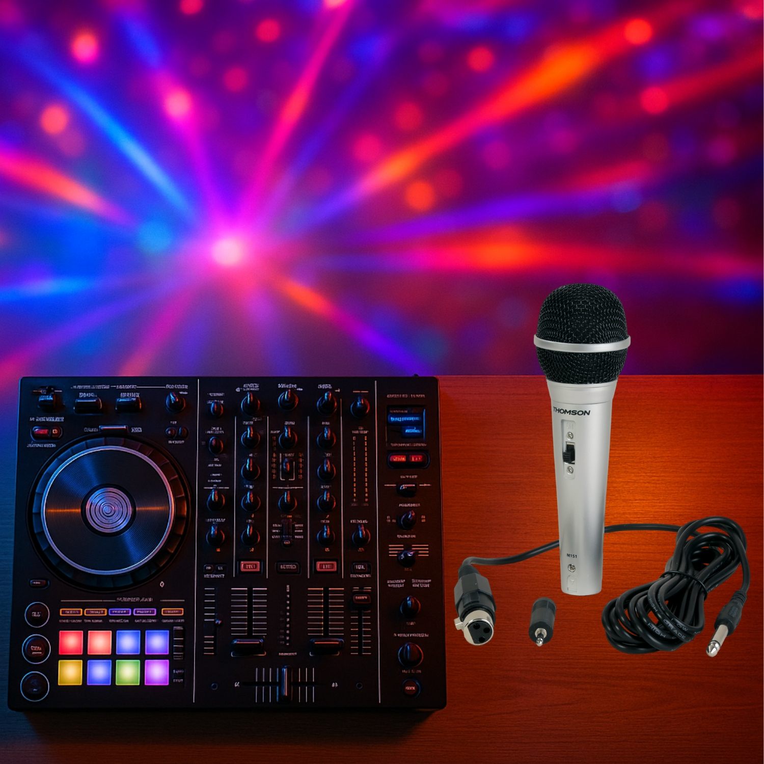 Ein DJ-Setup auf einem Holztisch. Enthält einen Mixer, ein Mikrofon und einen Hintergrund aus bunten Bühnenlichtern.