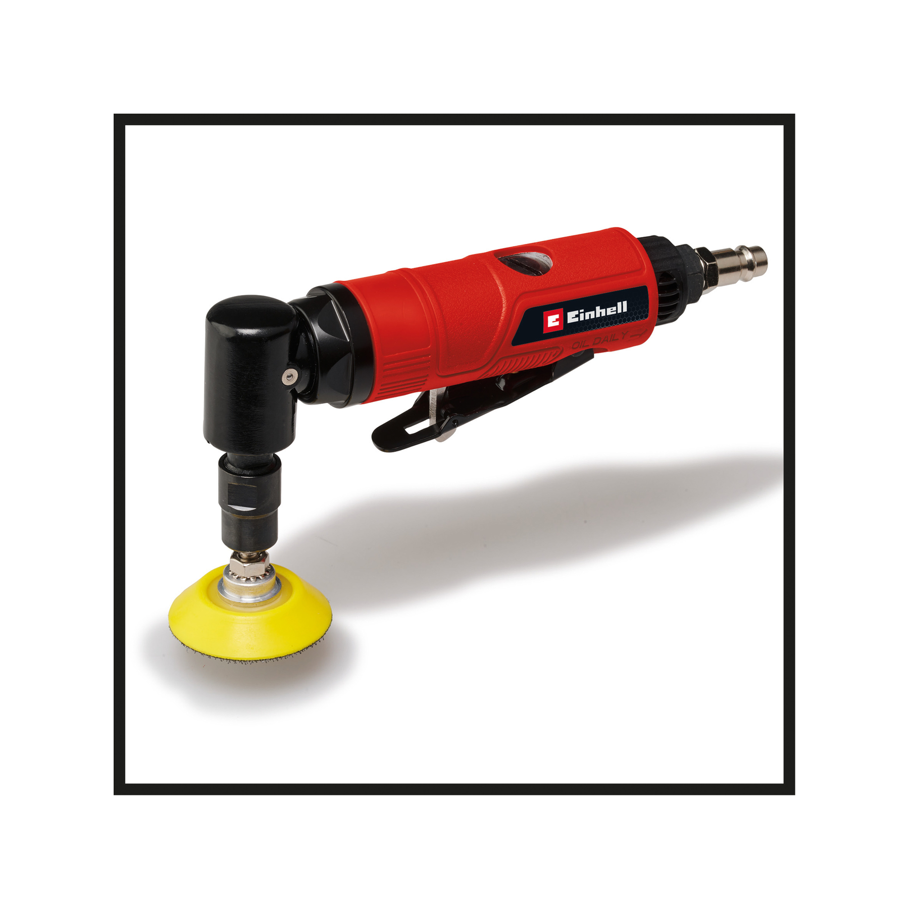 Czerwono-czarna szlifierka pneumatyczna Einhell na białym tle. Ma żółtą tarczę szlifierską.