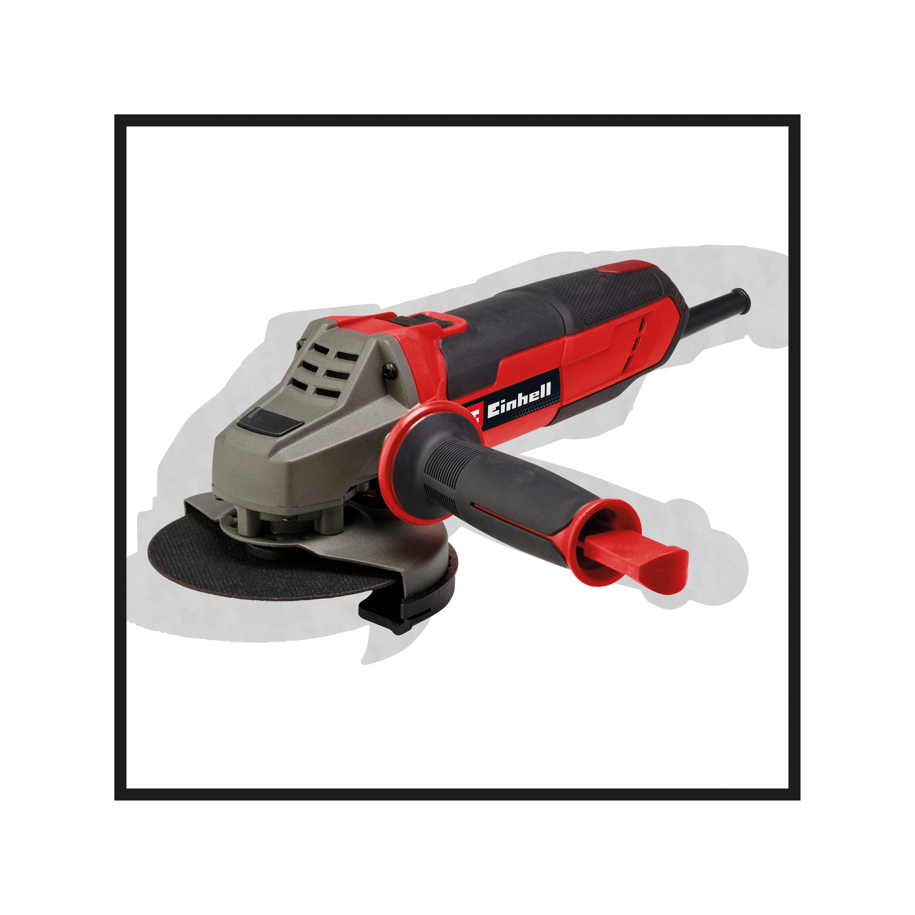 Szlifierka kątowa z czerwonymi i czarnymi akcentami oraz logo Einhell umieszczona na białej powierzchni w czarnej ramie.