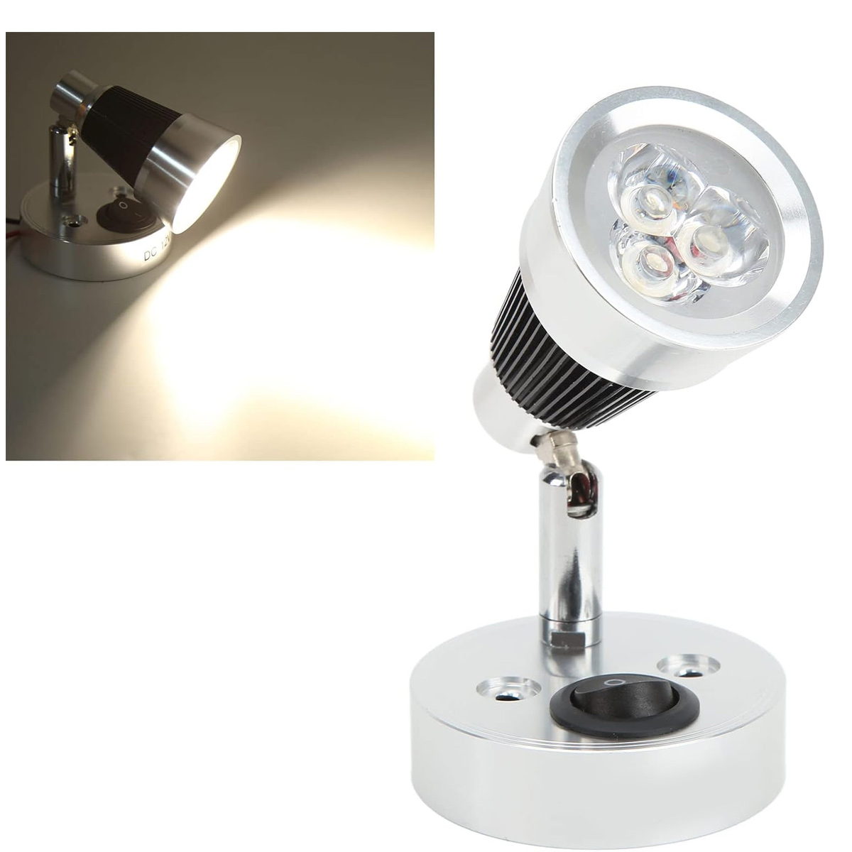 Ein silberner LED-Spot mit schwarzem Schalter. Das Licht ist an und scheint hell. Der Hintergrund ist weiß.