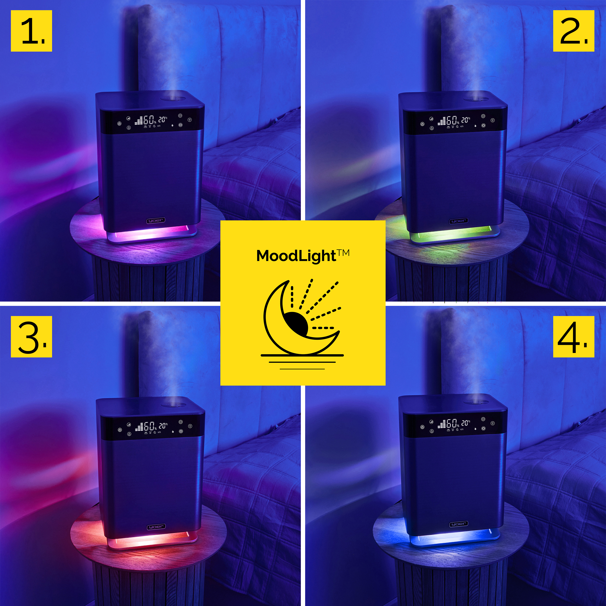 Cztery zdjęcia nawilżacza z różnokolorowymi światłami. Stoi na drewnianym stoliku. Tło obejmuje łóżko.