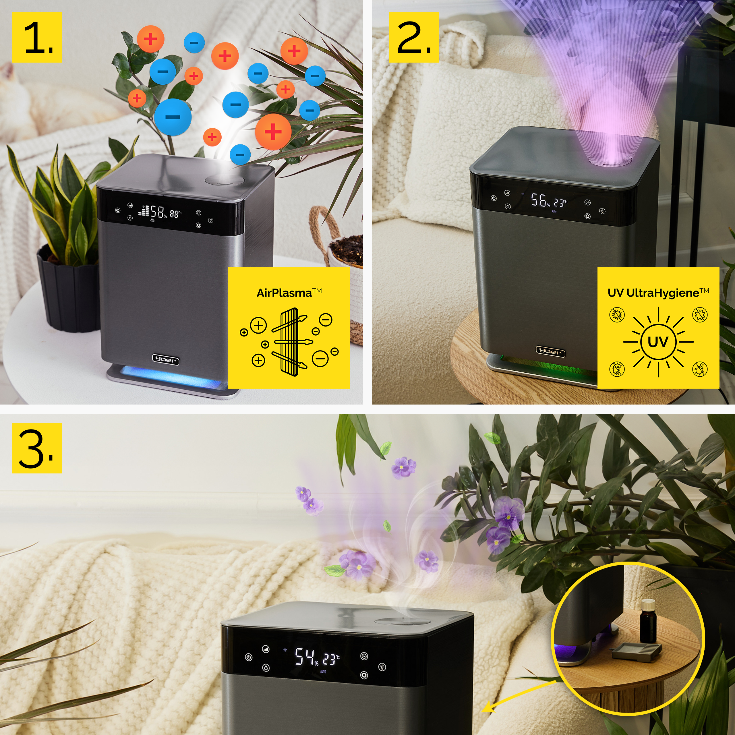 Obraz przedstawia oczyszczacz powietrza z rośliną w tle. Wyświetla temperaturę i wilgotność. Widoczne są symbole AirPlasma i jonów.