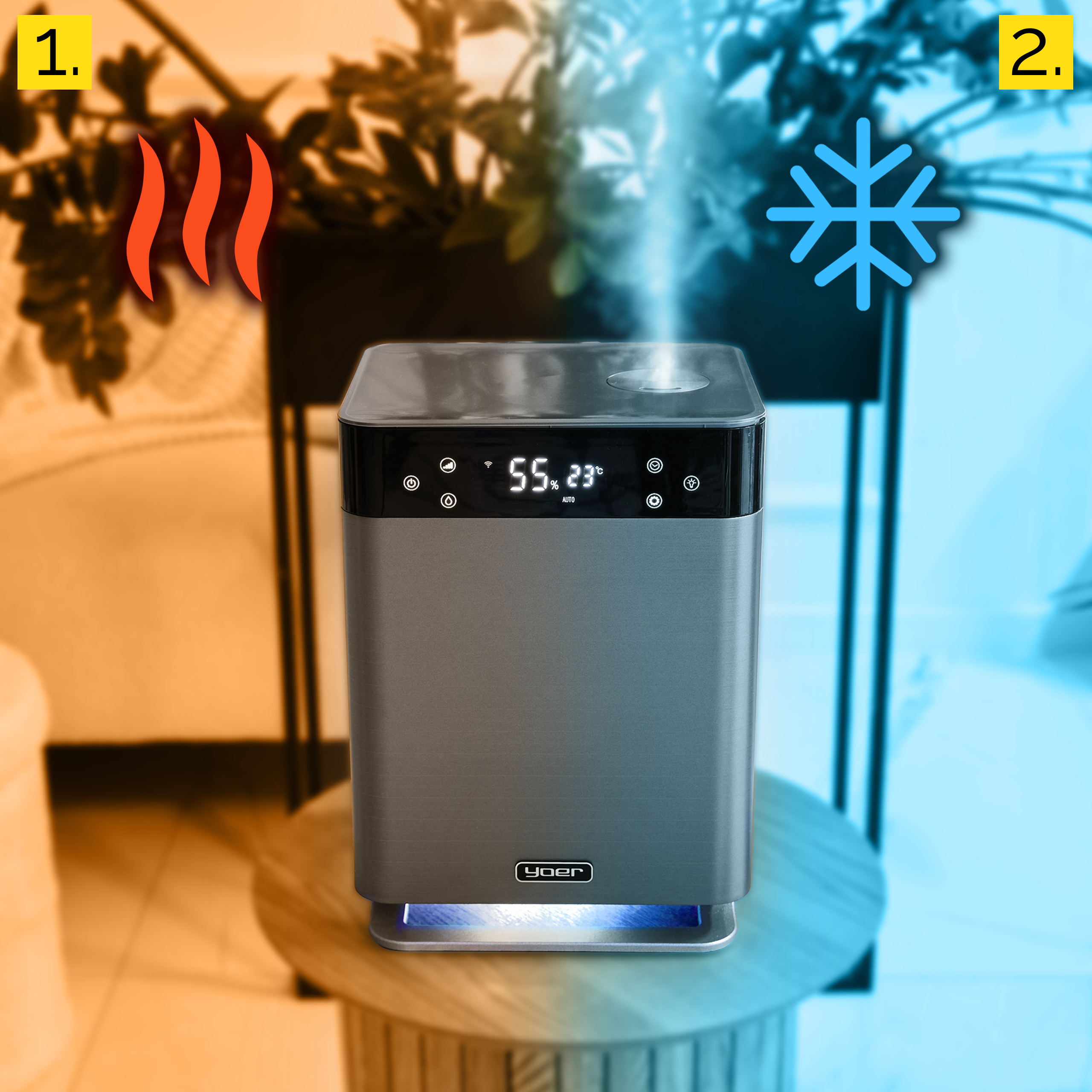 Oczyszczacz powietrza stoi na stole. Pomarańczowe i niebieskie gradientowe tła. Symbole ciepła i zimna.