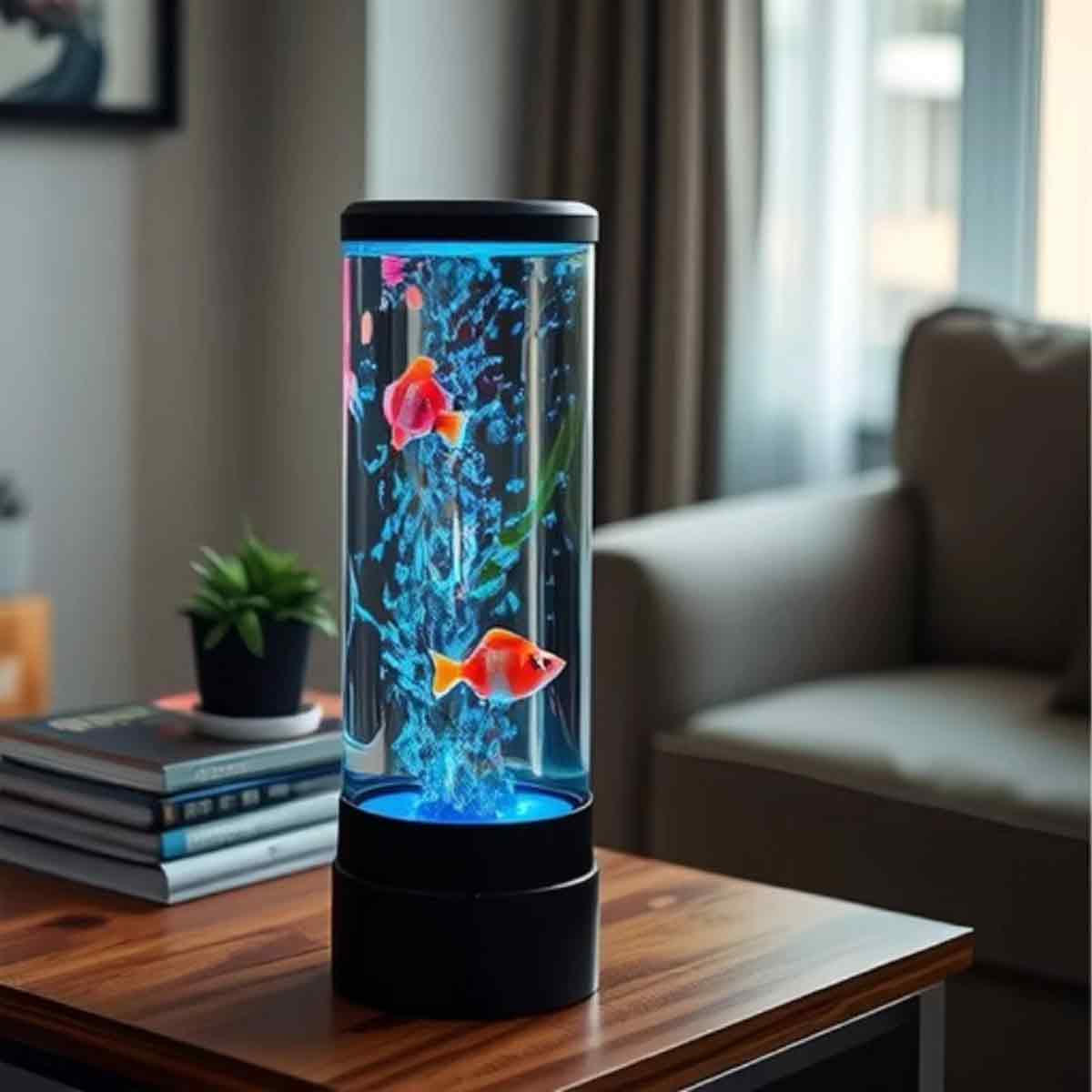 Ein dekoratives Aquarium mit orange-weißem Fisch. Es steht auf einem Holztisch. Im Hintergrund sind eine Pflanze und Bücher zu sehen.