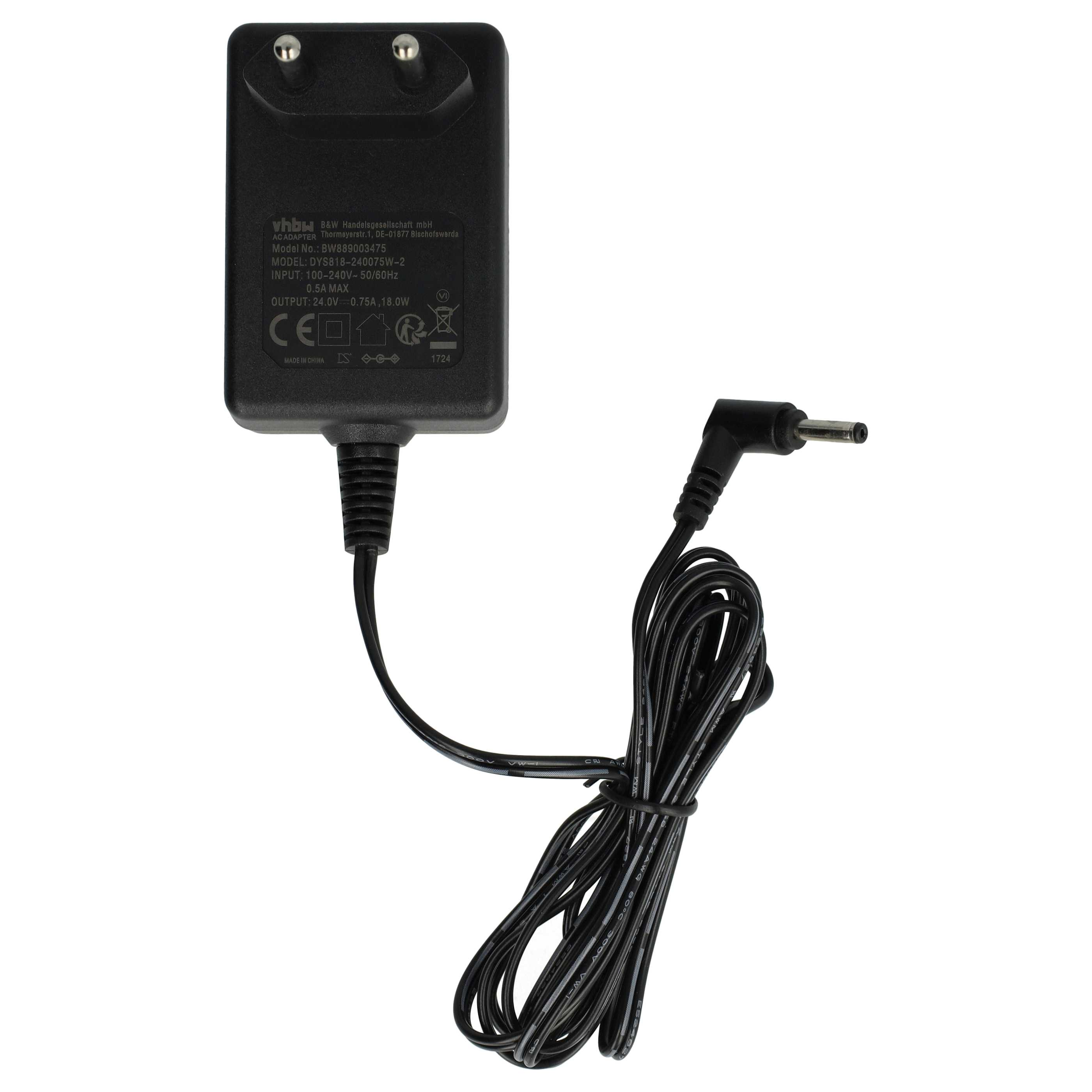 Ein schwarzes AC-Netzteil mit Stecker und Kabel. Der Adapter hat Text.