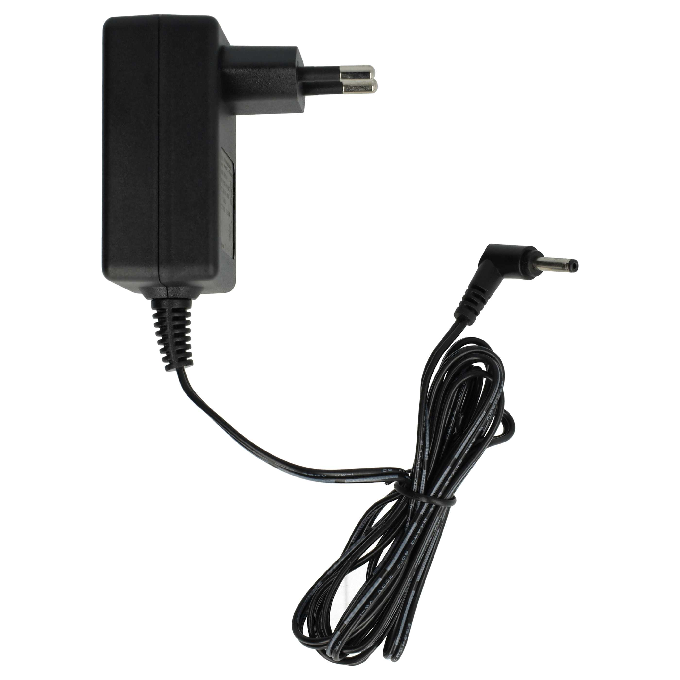 Ein schwarzes Netzteil mit Eurostecker und schwarzem Kabel. Das Kabel ist aufgerollt. Der Hintergrund ist weiß.