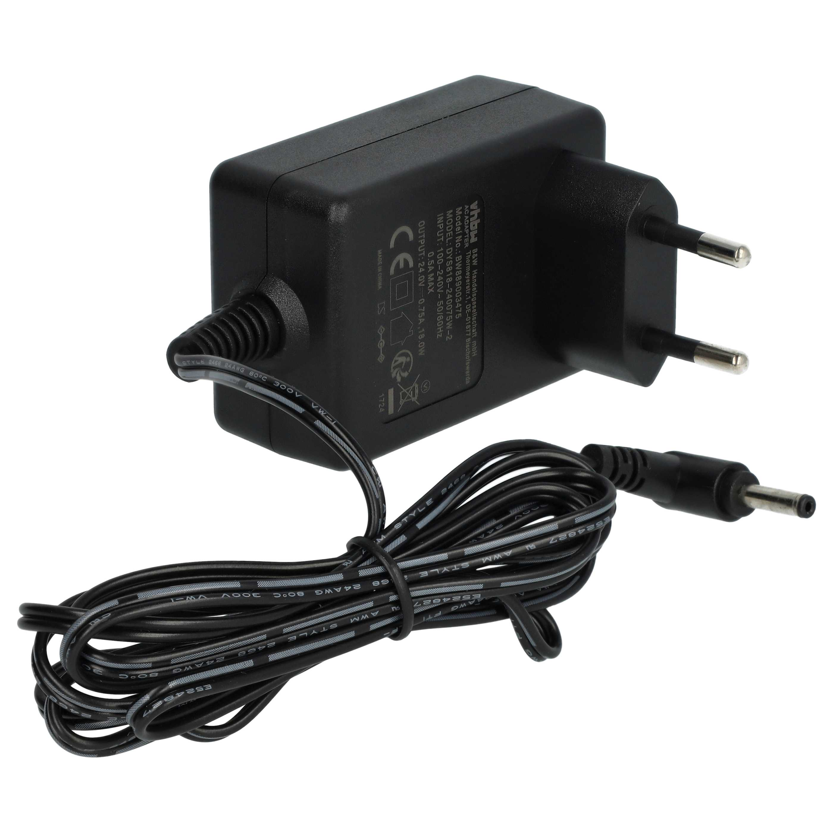 Schwarzes Netzteil mit Zweipolstecker. Ein schwarzes Kabel geht vom Adapter ab.
