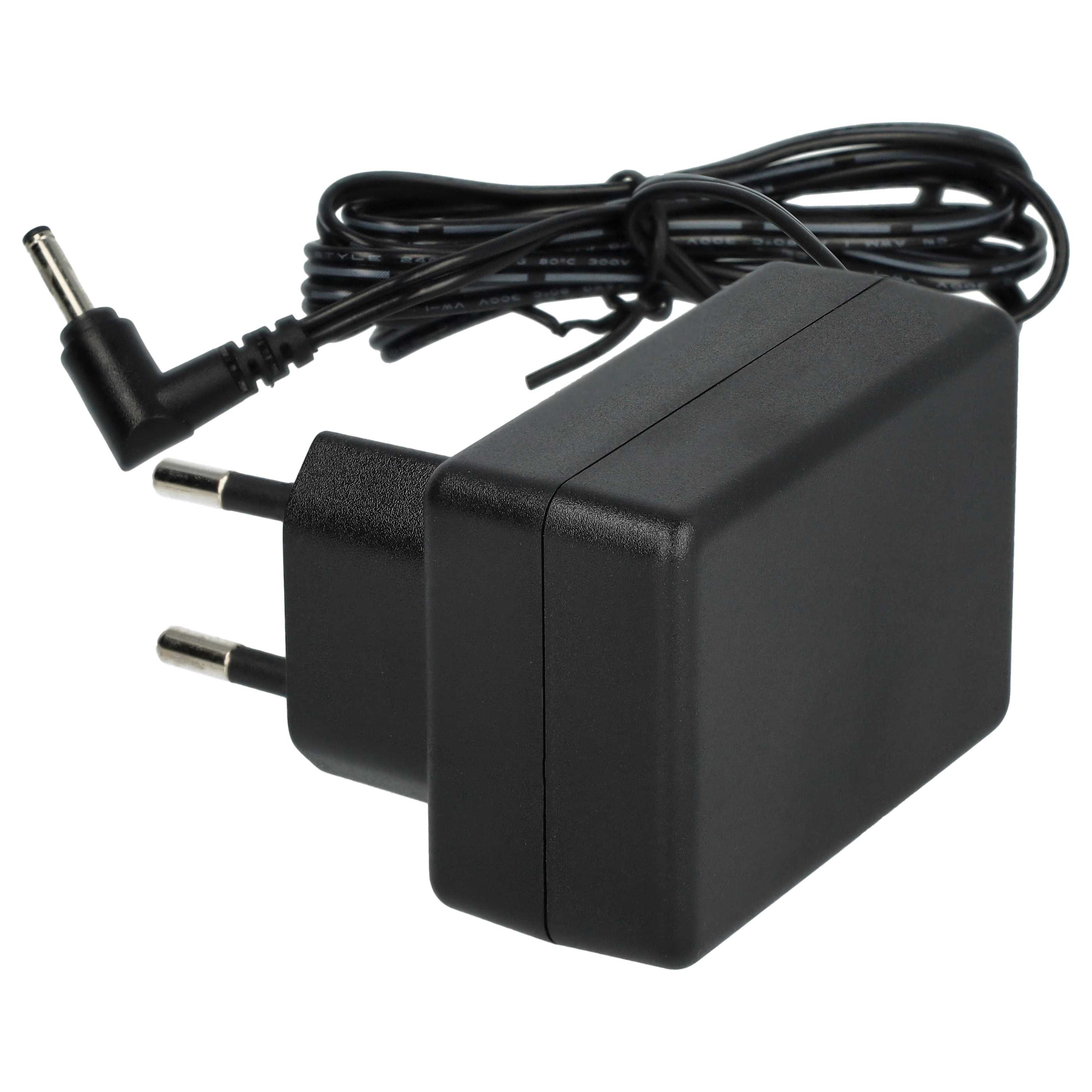 Ein schwarzes Netzteil mit Stecker und Kabel. Das Kabel ist schwarz und aufgerollt. Der Stecker ist silber.