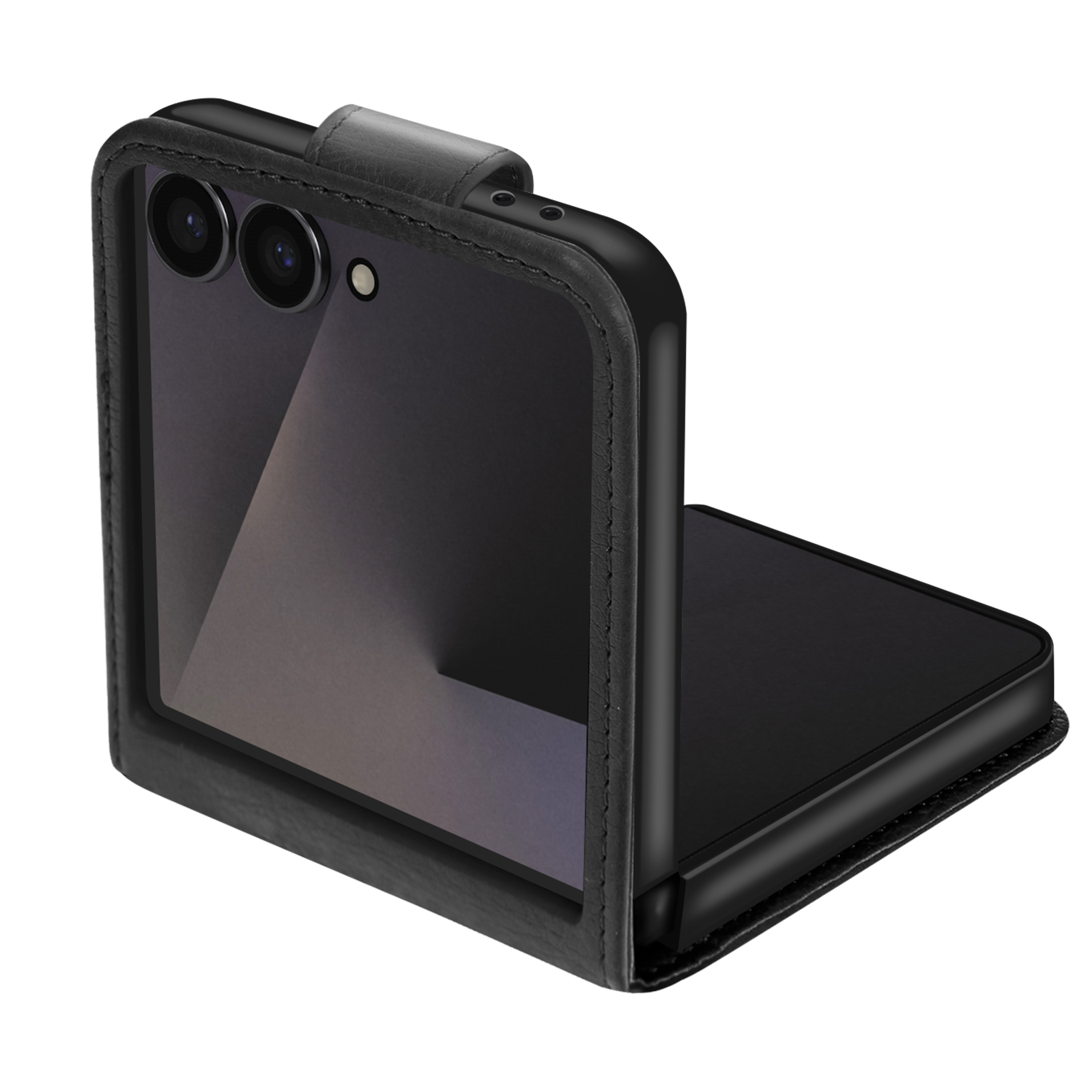 Telefono pieghevole nero con custodia in pelle, parzialmente aperto. Il telefono ha doppia fotocamera e un piccolo schermo.