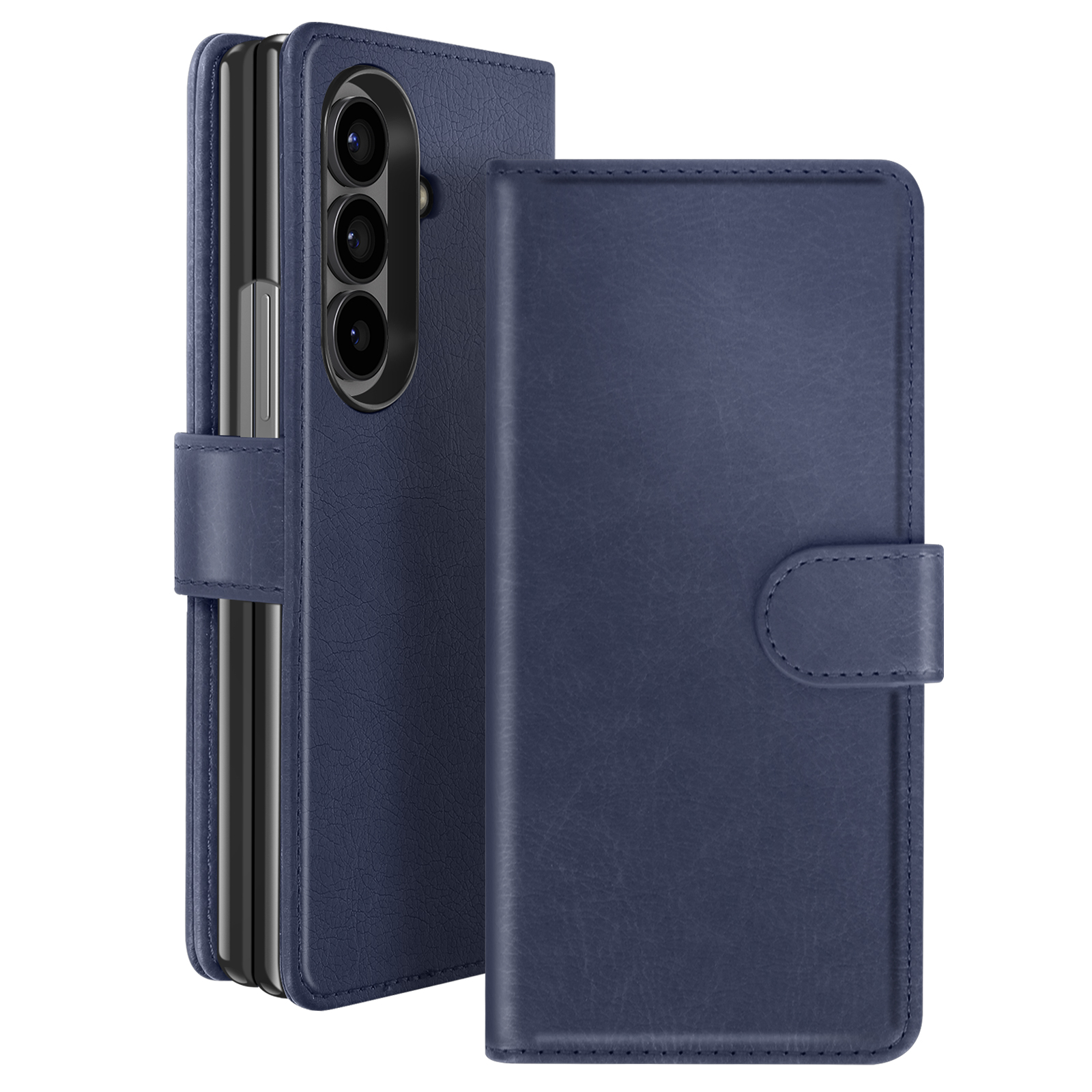 Una custodia per telefono blu navy è aperta, mostrando un telefono all'interno. La custodia ha una patta con chiusura magnetica.