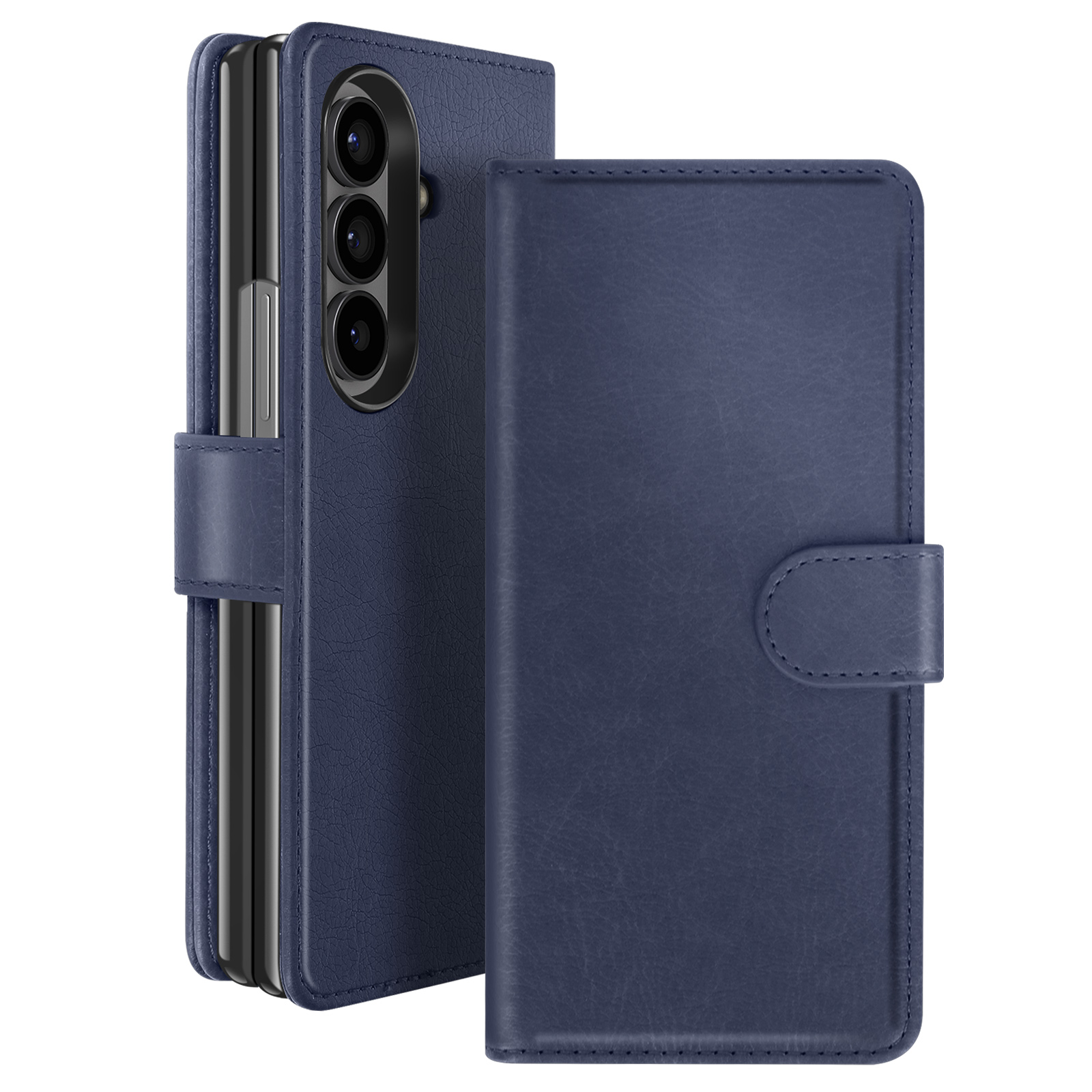 Una custodia per telefono blu navy, aperta. Il telefono è visibile. La custodia ha una patta e un bottone.
