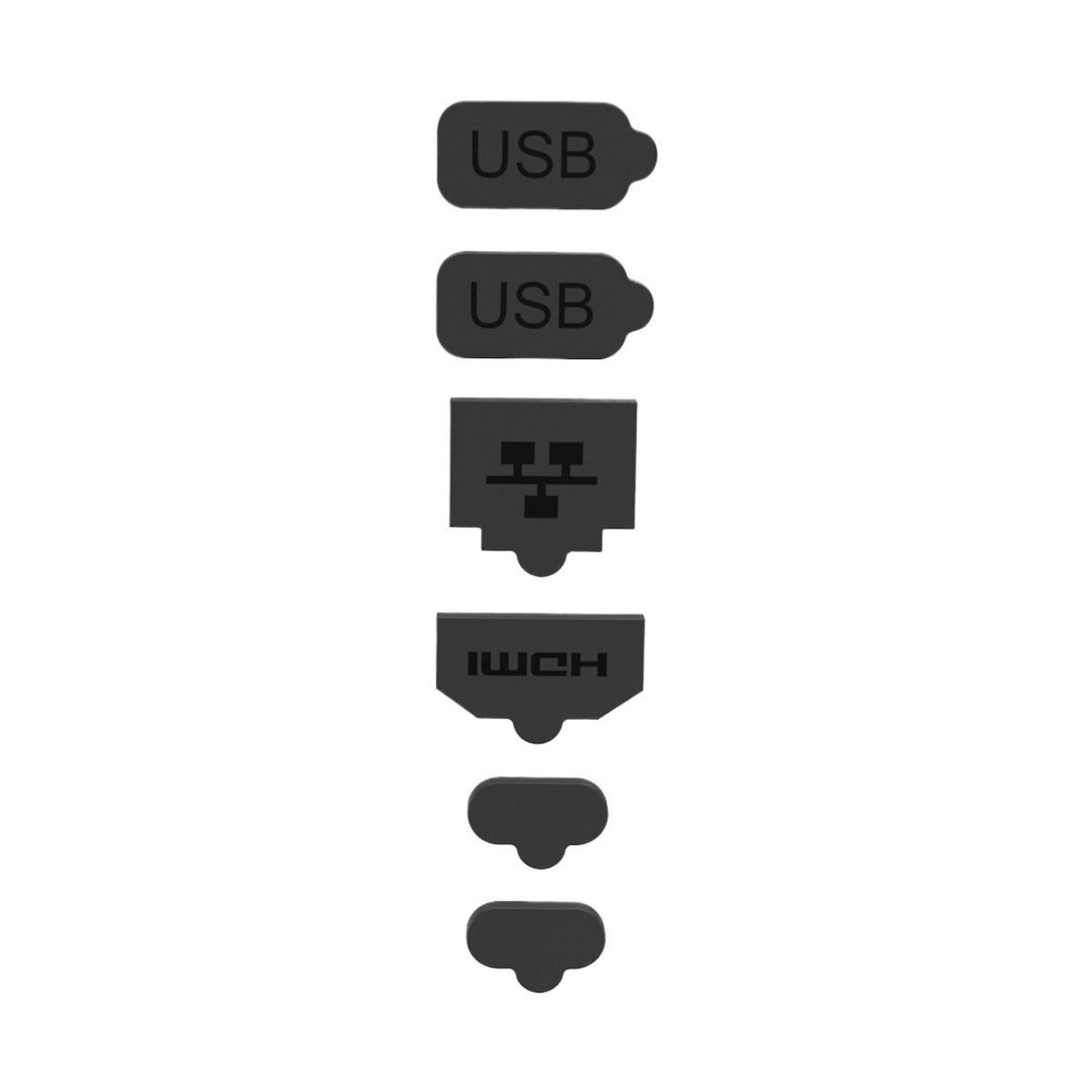 Una disposición vertical de iconos de conectores negros. Se muestran USB, un puerto de red, HDMI y otros dos tipos de conectores.