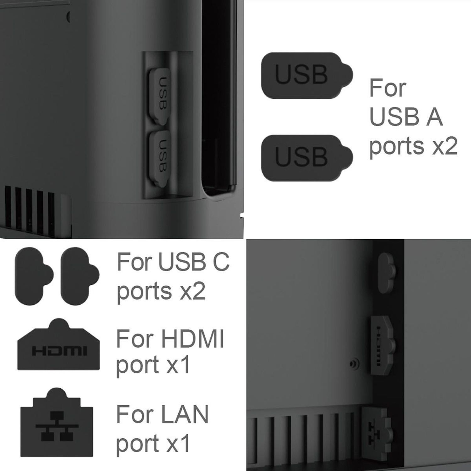 Primer plano de un dispositivo negro que muestra puertos USB, HDMI y LAN con descripciones como puertos USB A x2, puertos USB C x2 y puerto HDMI x1.