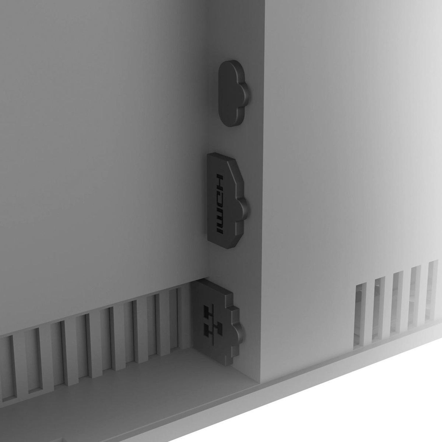 Primer plano de la parte trasera de un dispositivo, mostrando puertos HDMI y una ventilación con ranuras verticales. El dispositivo es gris y blanco.