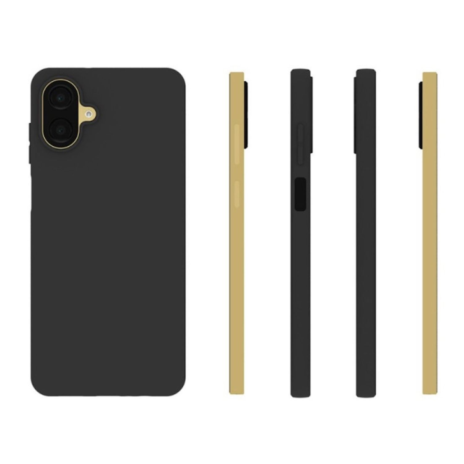 Una funda de teléfono negra con recorte para cámara y otras tres fundas, dos negras y dos doradas, dispuestas verticalmente.