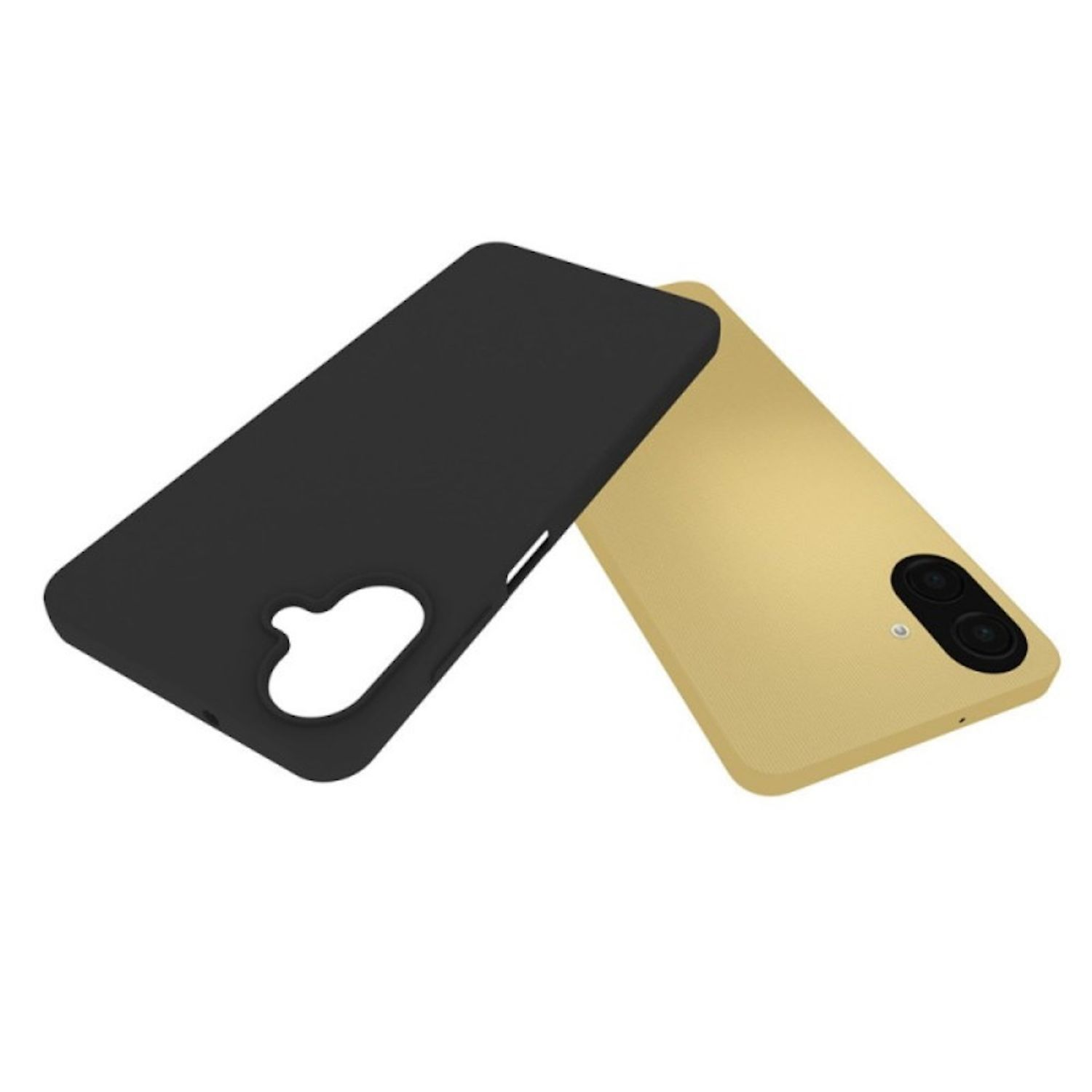 Dos fundas para teléfono. Una negra, con un recorte para la cámara. La otra es dorada, mostrando la cámara. Están sobre un fondo blanco.