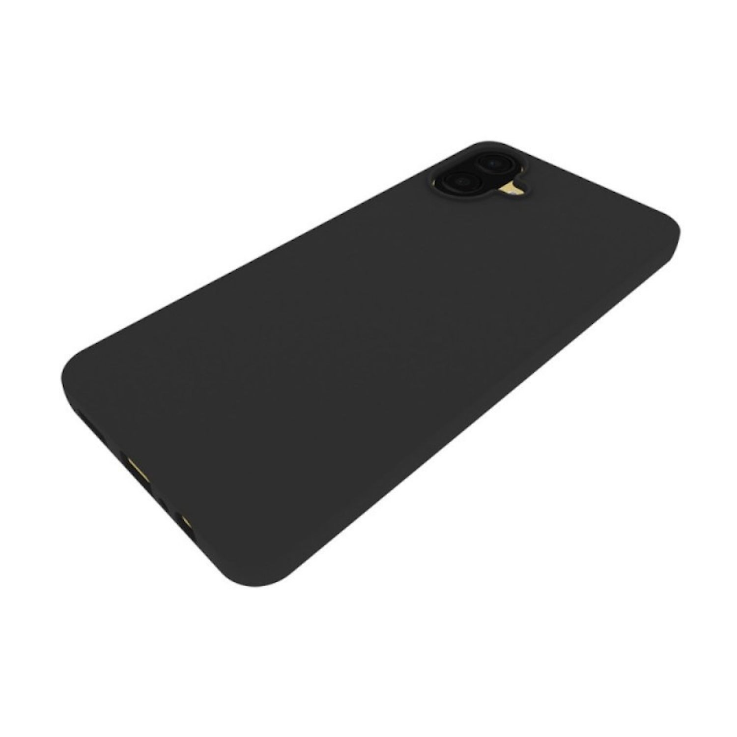 Una funda de teléfono negra está en ángulo, mostrando el módulo de la cámara y el puerto de carga. El fondo es blanco.