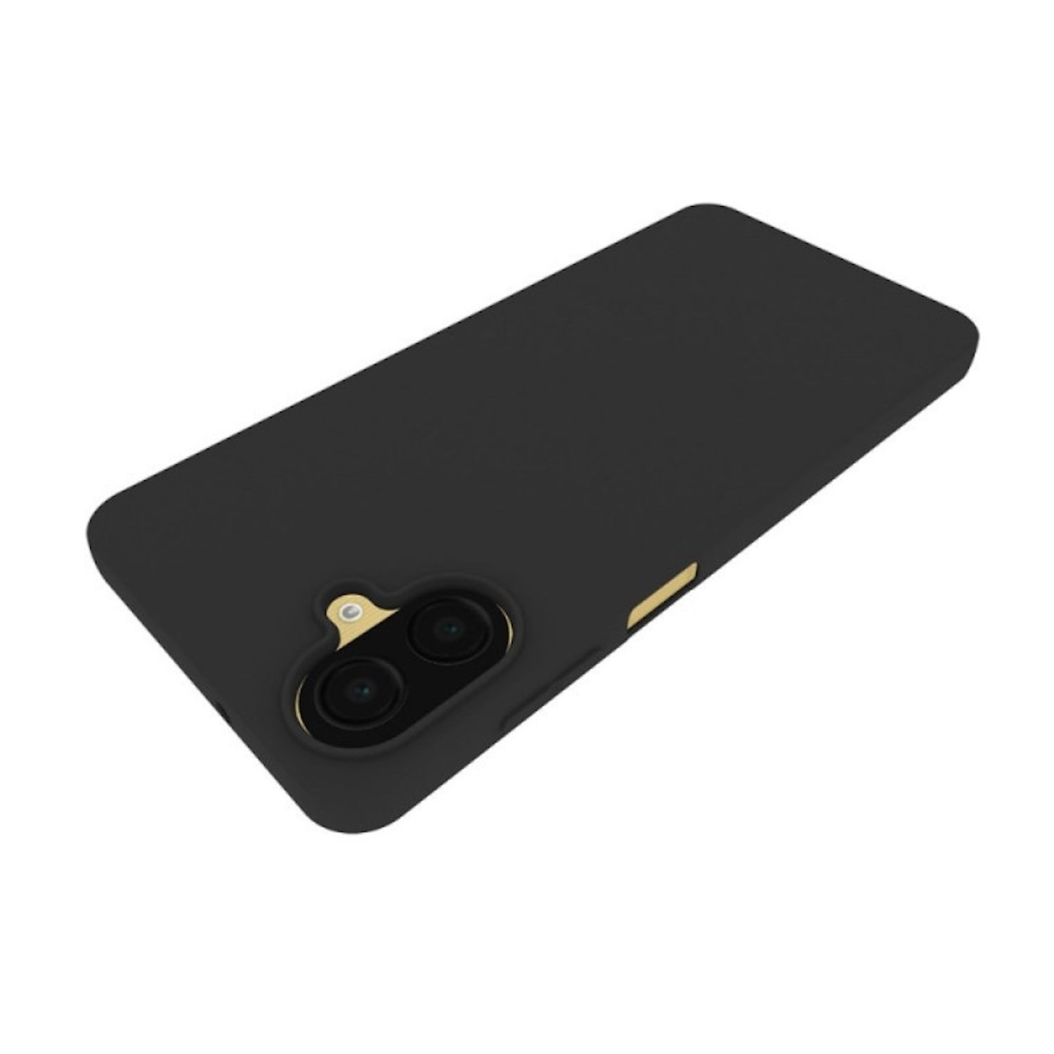 Una funda negra para teléfono con recorte para cámara de doble lente. La funda tiene un acabado liso y detalles dorados.