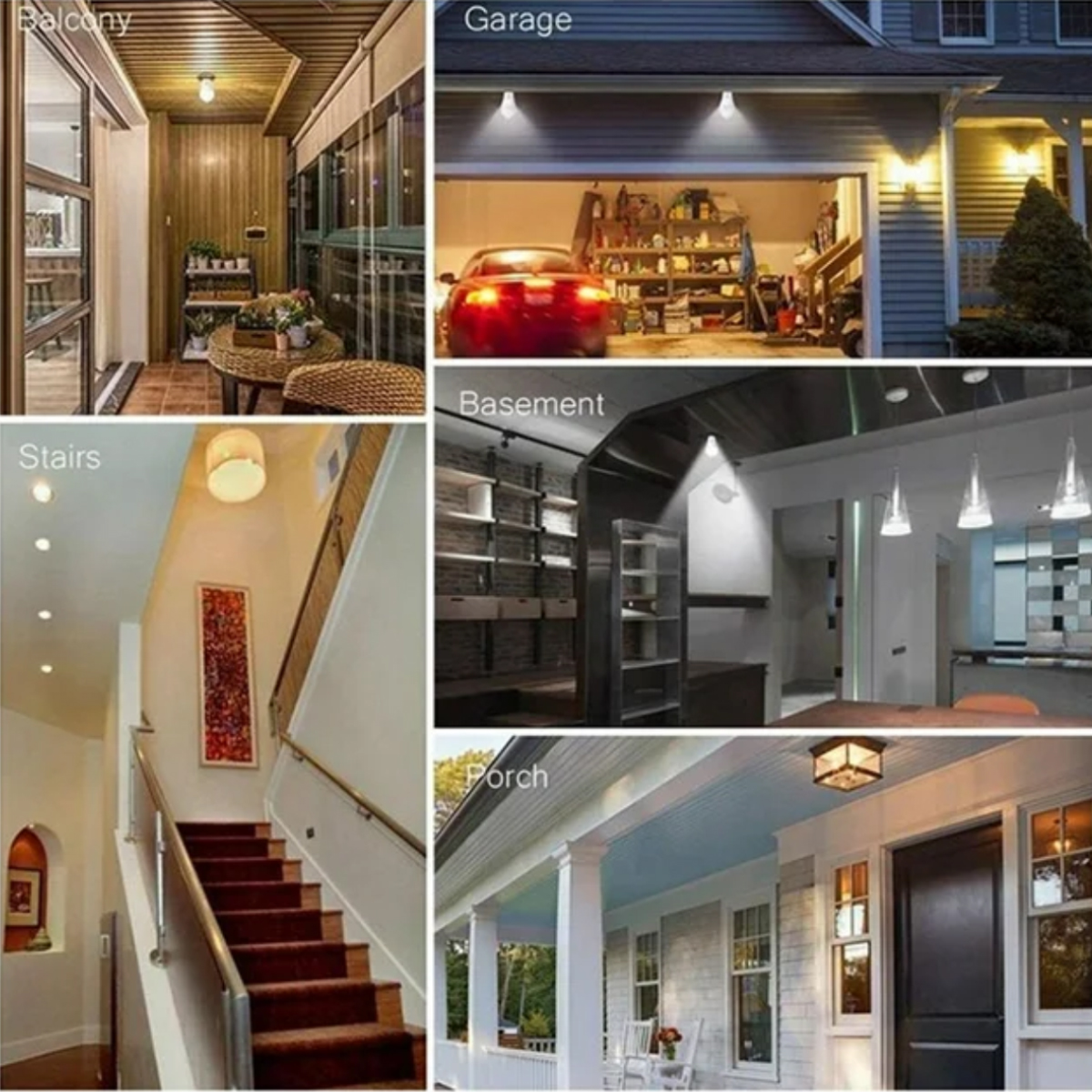 Das Bild zeigt verschiedene Beleuchtungsszenarien: Balkon, Garage mit rotem Auto, Treppe, Keller und Veranda eines Hauses.