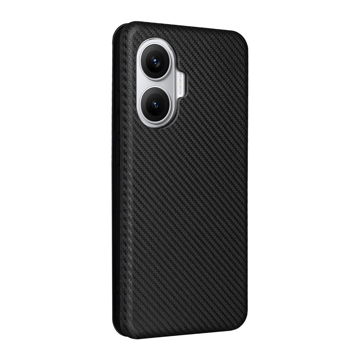 Una funda negra para teléfono con superficie texturizada. Tiene dos lentes de cámara en la parte superior y un diseño oscuro y estampado.