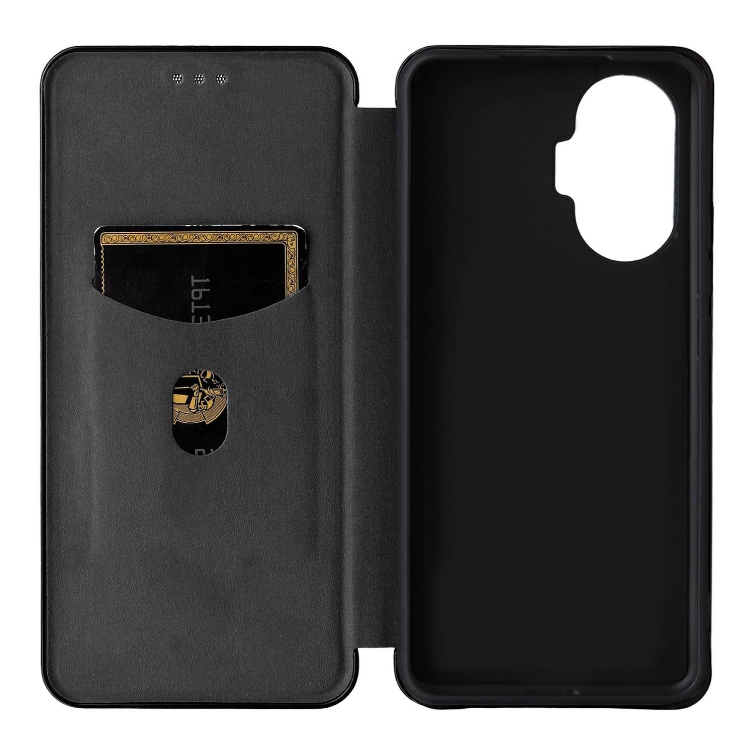 Funda de teléfono negra abierta, con una tarjeta en una ranura. La tarjeta es negra con detalles dorados. La funda tiene un recorte para la cámara.