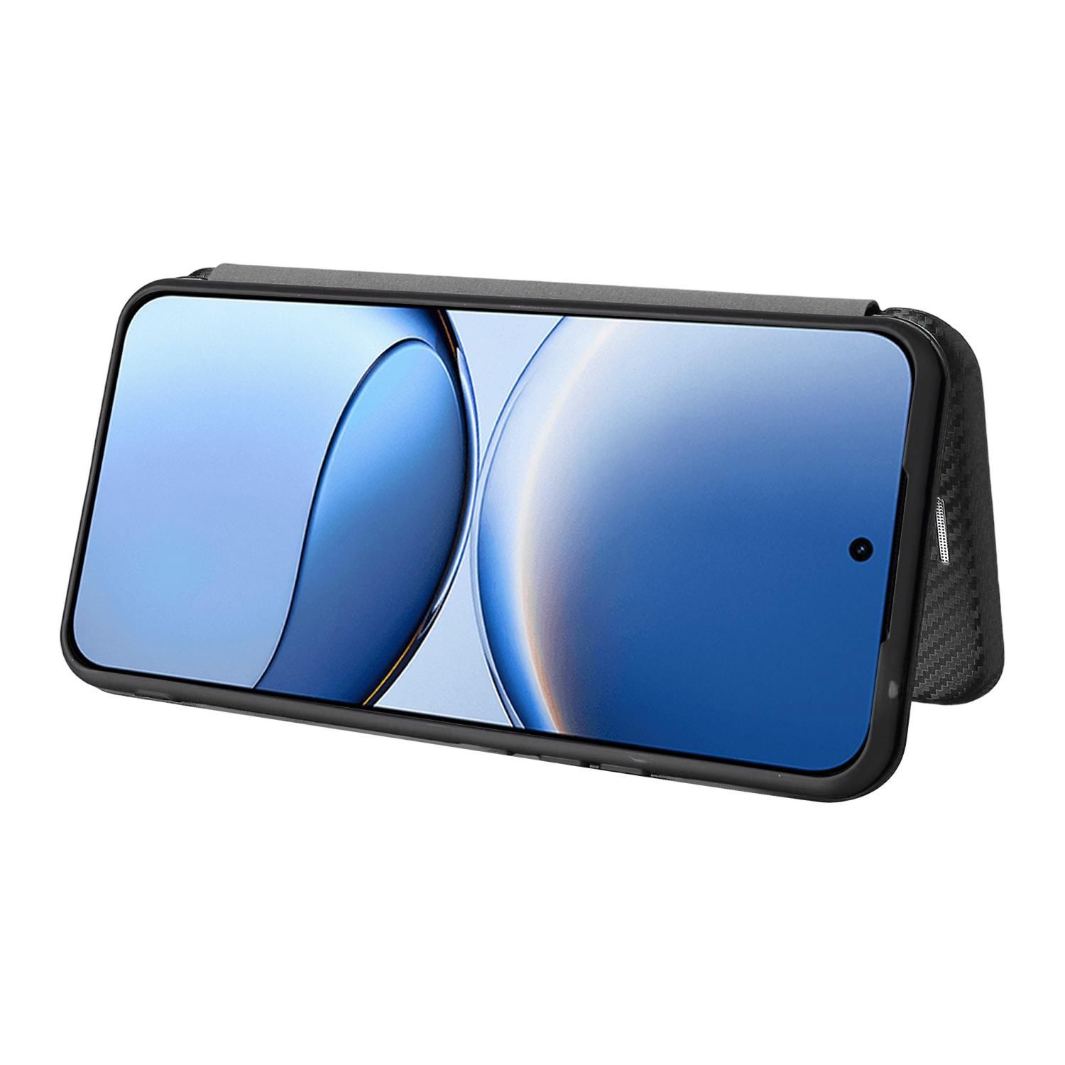 Un smartphone en una funda negra está ligeramente inclinado. La pantalla muestra un diseño abstracto azul y blanco. La funda tiene un lado texturizado.
