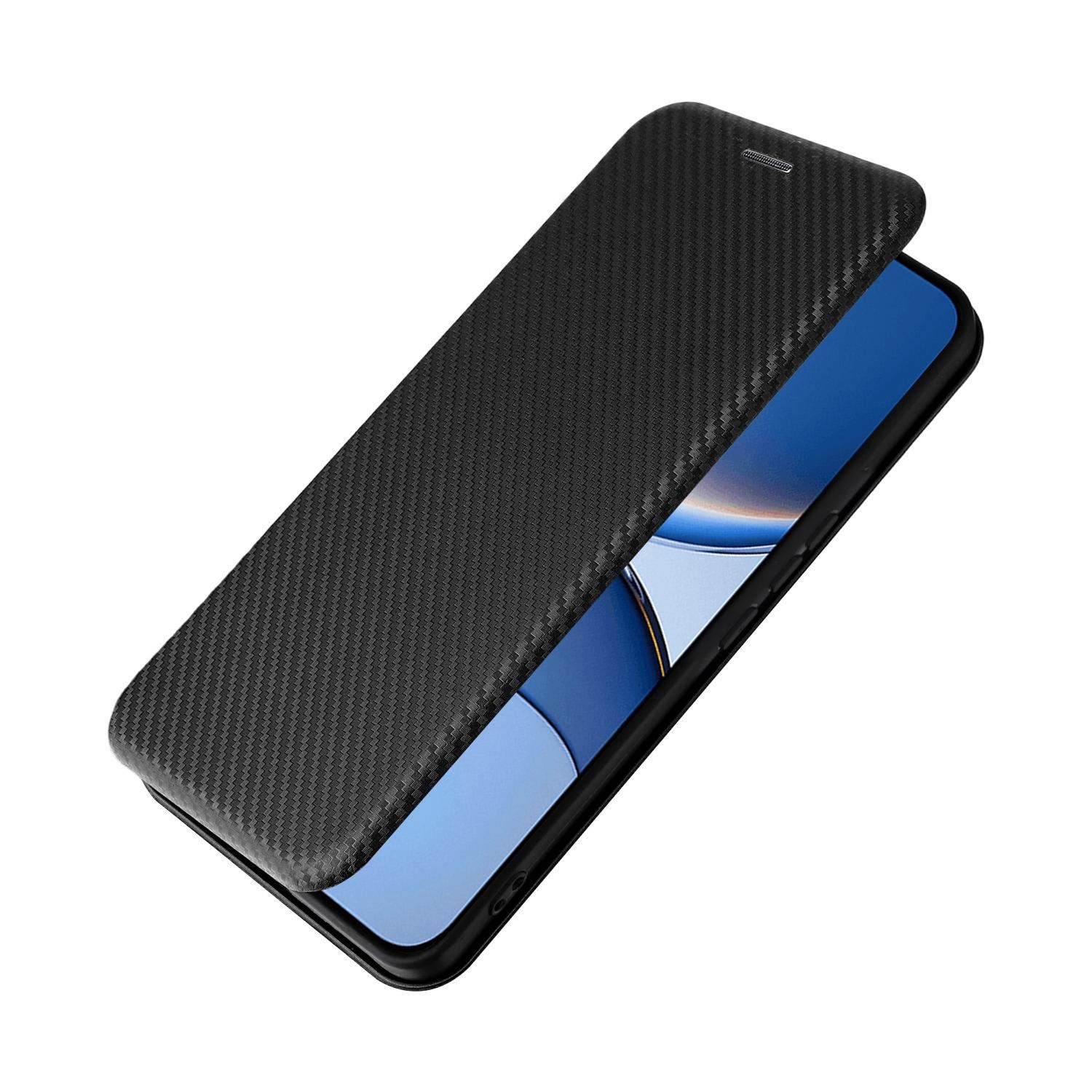 Funda negra para teléfono con diseño de fibra de carbono texturizada, parcialmente abierta, mostrando una pantalla con degradado azul.