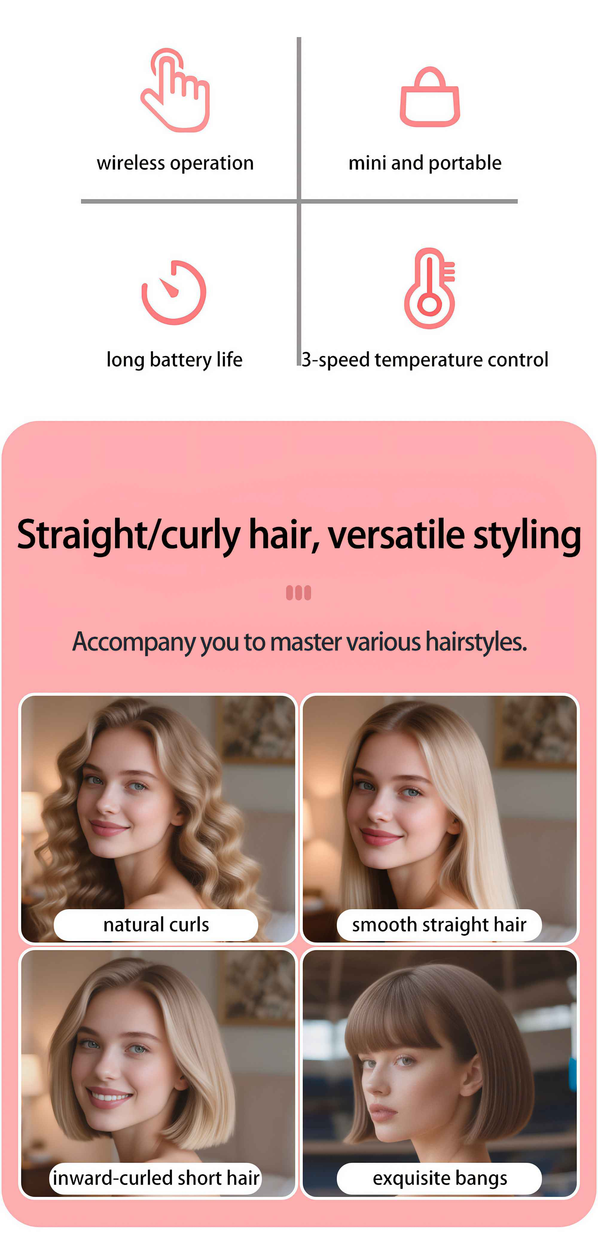 Werbung zeigt ein Haarstyling-Produkt. Es hebt Funktionen wie kabellose Nutzung, Portabilität und Temperaturregelung hervor. Bilder zeigen verschiedene Frisuren.