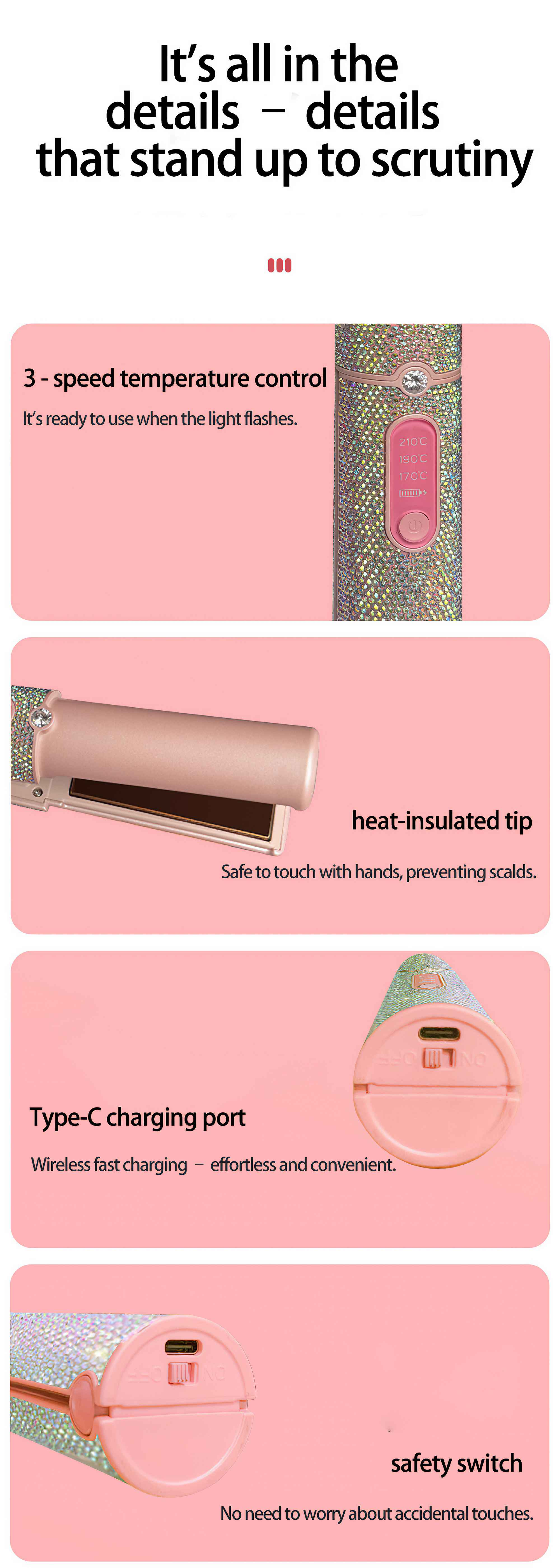 Werbung zeigt ein rosa Haarglätteisen. Es hat eine Temperaturregelung, eine wärmeisolierte Spitze, einen Typ-C-Ladeanschluss und einen Sicherheitsschalter.