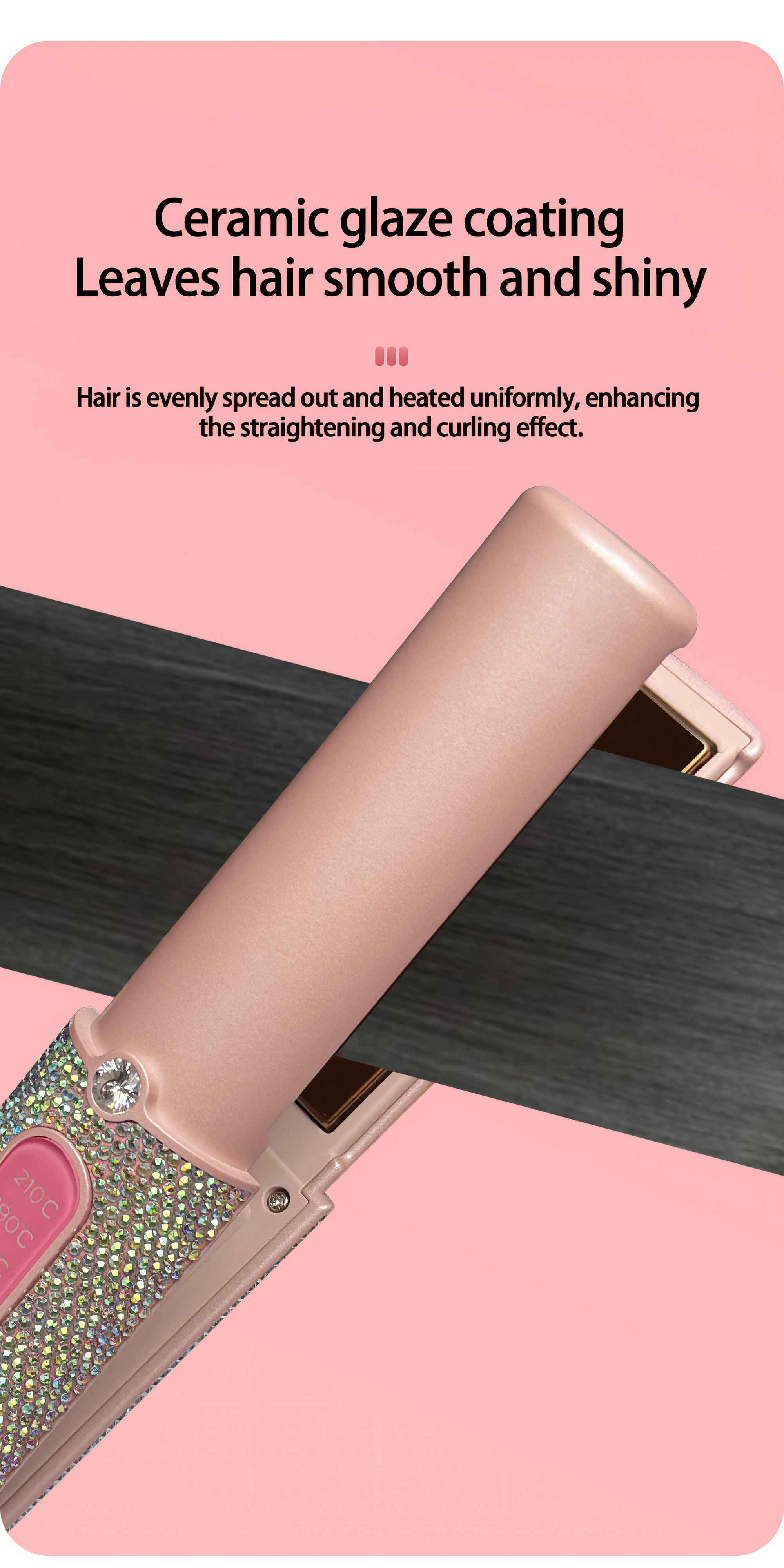 Ein rosa-silberner Haarglätter mit einer schwarzen Haarsträhne. Text sagt: glattes und glänzendes Haar.