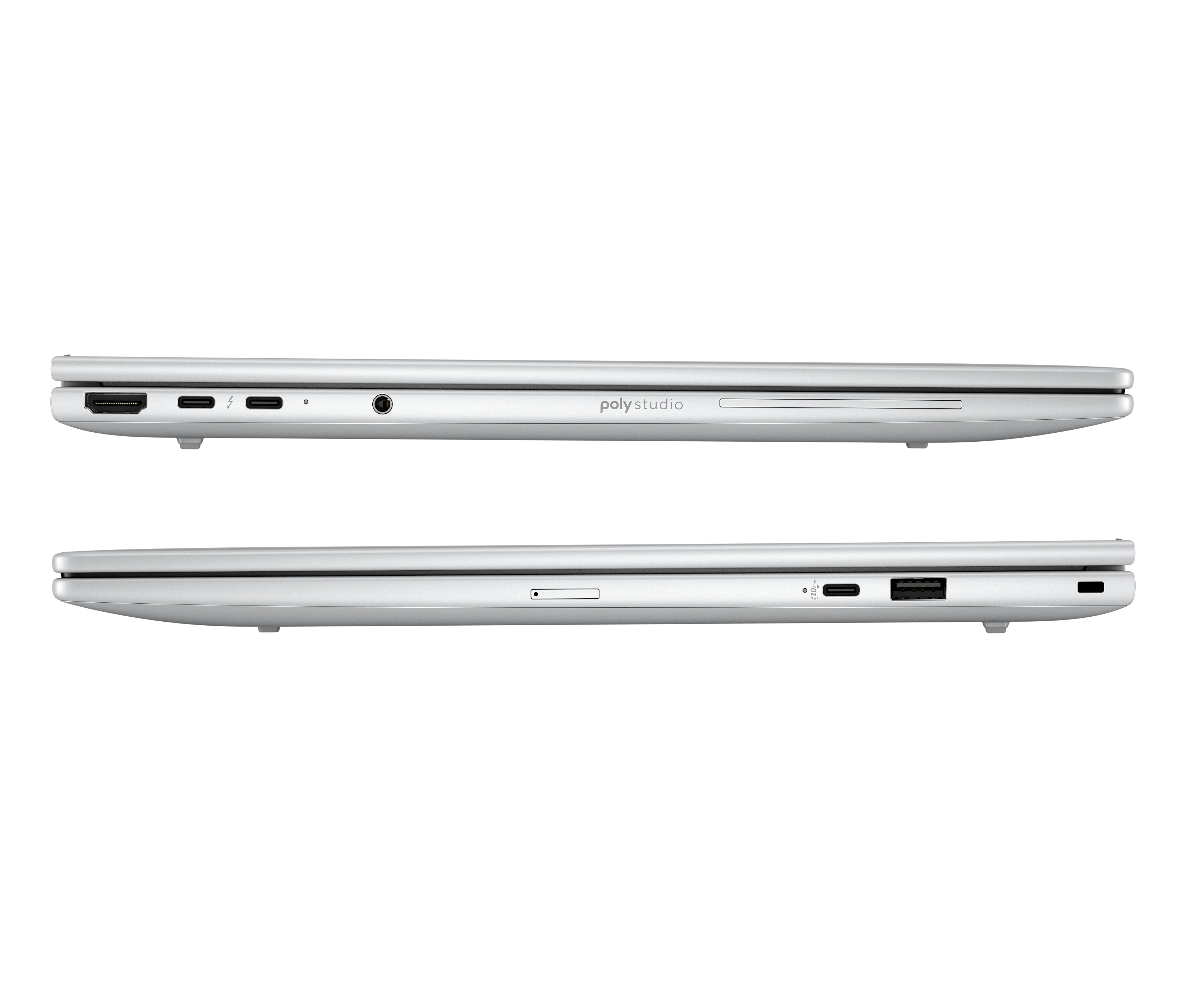 Due laptop argentati sono mostrati di lato. Porte, jack e il marchio Poly Studio sono visibili.
