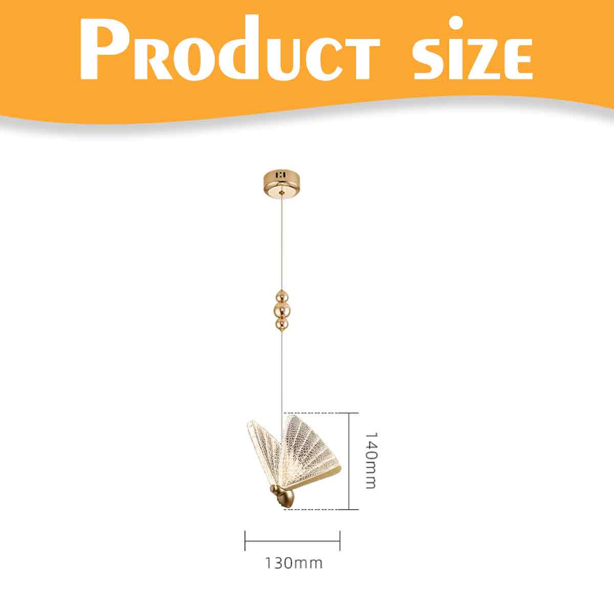 Eine schmetterlingsförmige Pendelleuchte. Abmessungen sind 130 mm breit und 140 mm hoch. Der Text 'Produktgröße' steht oben.