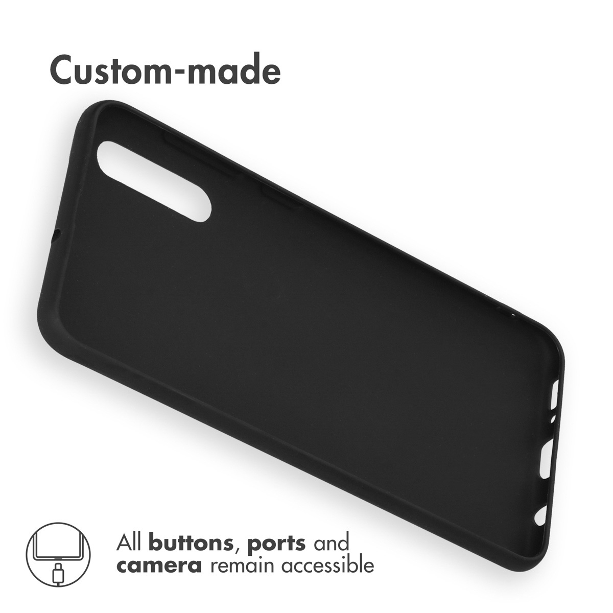 Custodia nera per telefono con fori per fotocamera e porte. Testo: 'Custom-made' e 'Tutti i pulsanti, le porte e la fotocamera rimangono accessibili'.