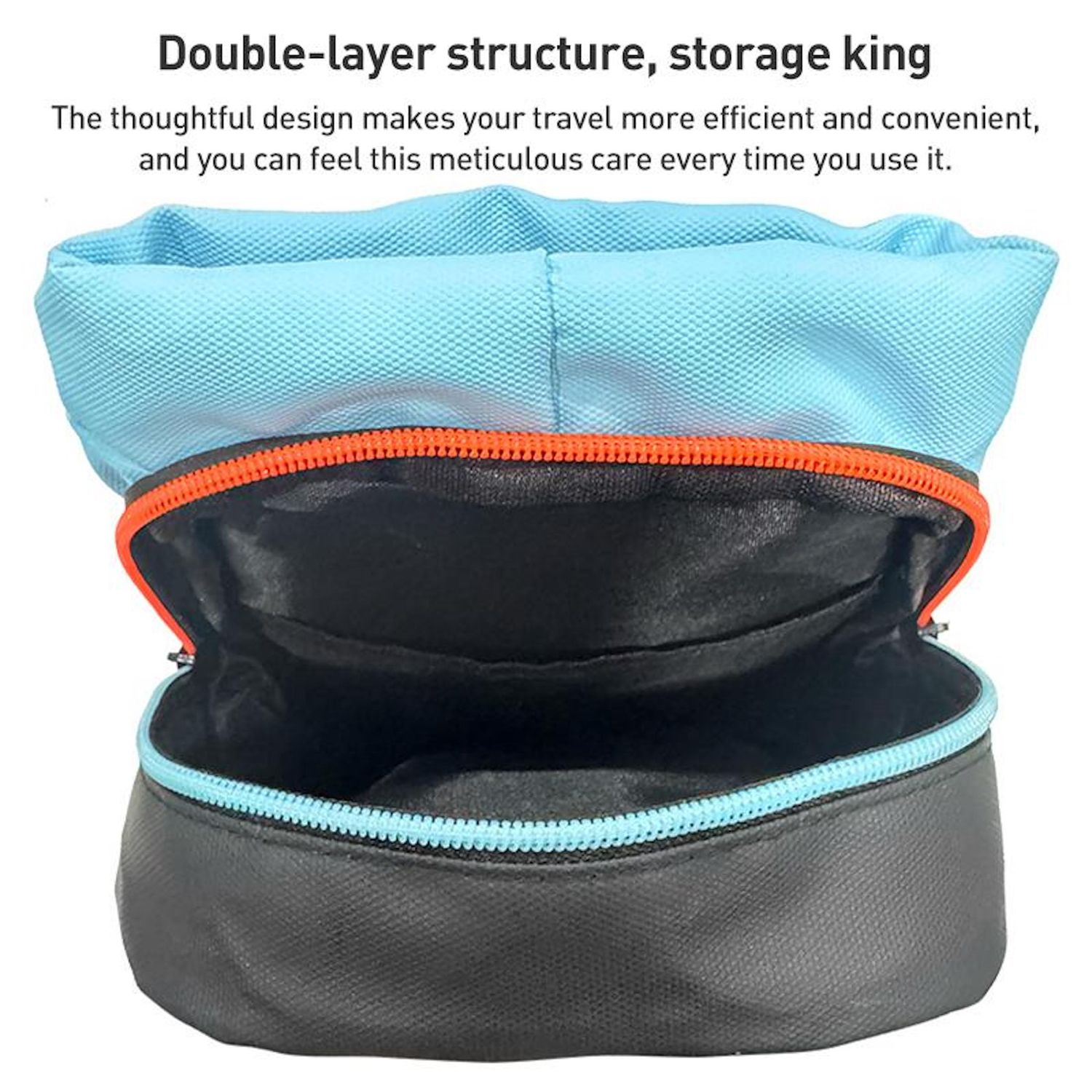 Offene, zweischichtige Aufbewahrungstasche mit blauen und schwarzen Abschnitten. Orangefarbene und blaue Reißverschlüsse. Text: 'Doppelschichtige Struktur, Aufbewahrungskönig'.
