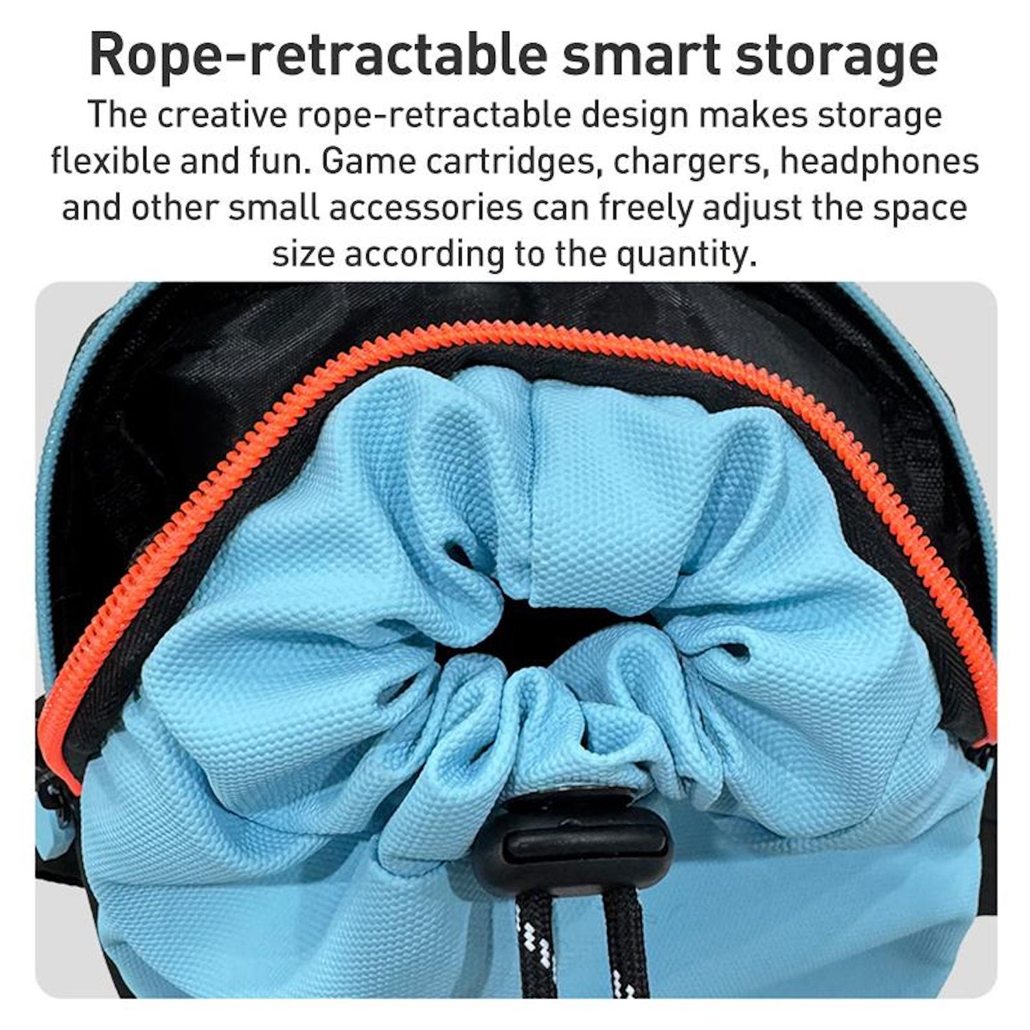 Blaue Tasche mit orangefarbenem Reißverschluss. Schwarzer Kordelzugverschluss. Die Tasche ist für die intelligente Aufbewahrung konzipiert.
