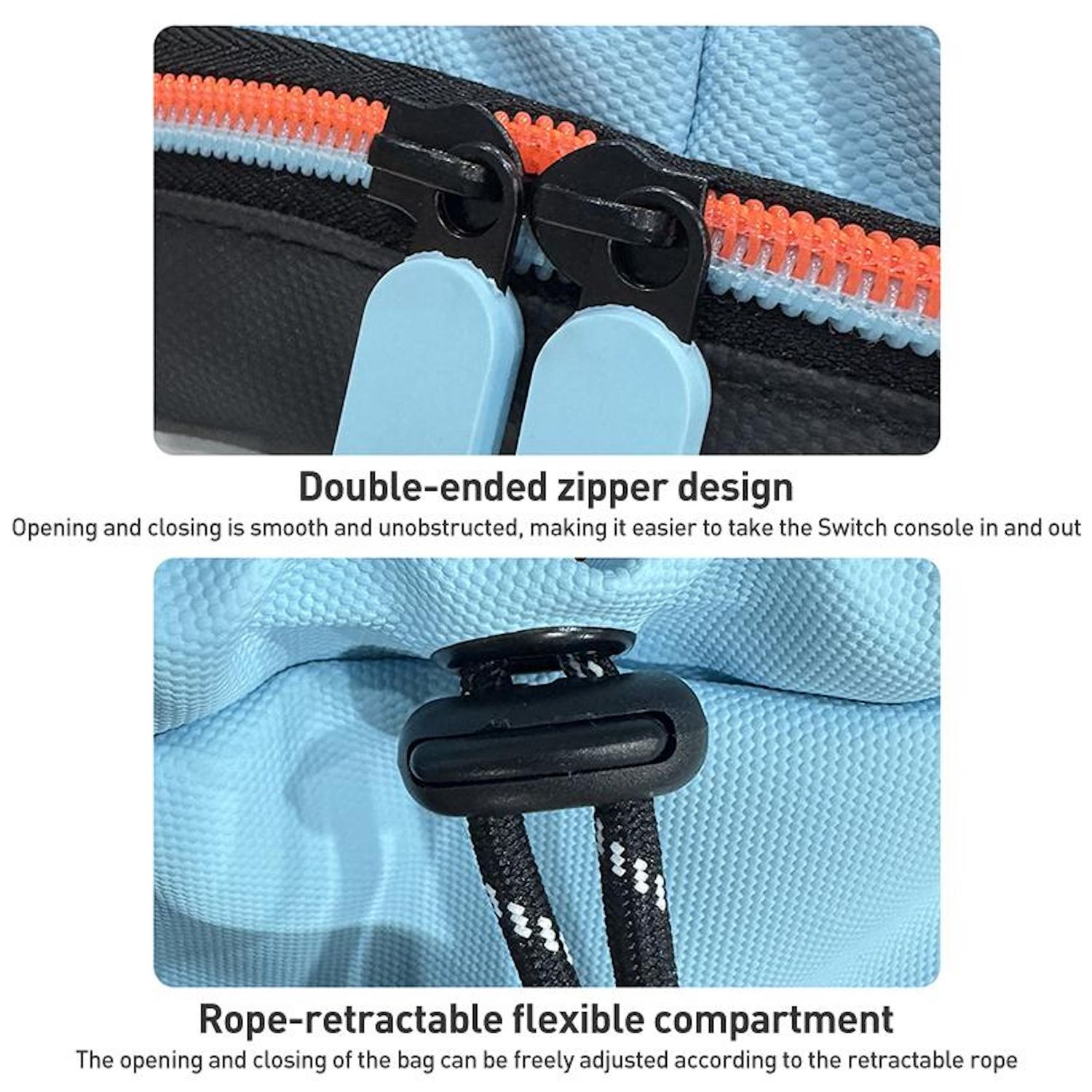 Nahaufnahme eines Taschen-Details. Reißverschlüsse und einziehbarer Seilzug. Schwarze Reißverschlüsse mit orangefarbenen und blauen Details. Der Hintergrund ist hellblau.