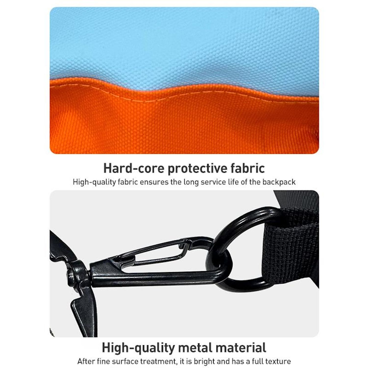 Das Bild zeigt Stoff für eine Tasche mit orange-blauem Farbschema und schwarzer Metallbeschlägen für einen Taschenriemen.