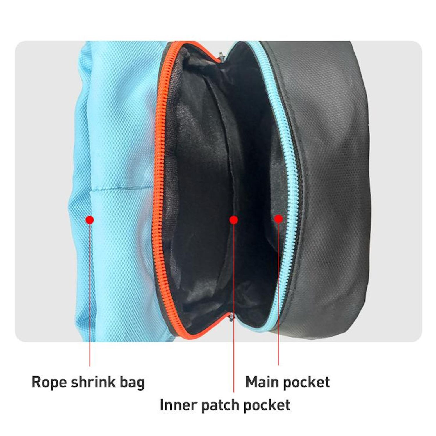Offener Rucksack mit Seil-Schrumpfbeutel, Innentasche und Hauptfach. Die Tasche ist schwarz, blau und orange und hat Etiketten.