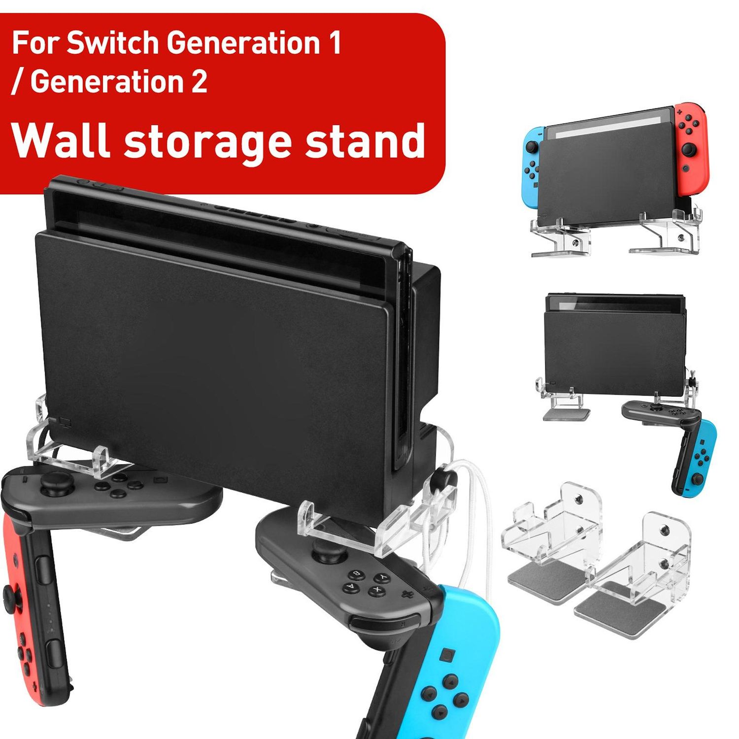 Eine Wandhalterung für Switch-Konsolen. Der Ständer hält die Konsole und die Controller. Roter Text auf rotem Hintergrund: Wall storage stand.