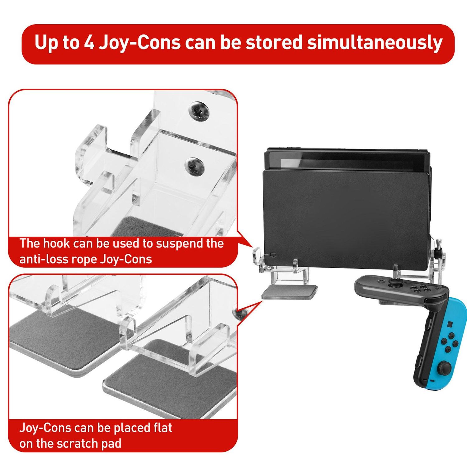 Ein klarer Kunststoffständer mit einer schwarzen Konsole und einem blau-schwarzen Controller. Er kann bis zu 4 Joy-Cons gleichzeitig speichern.