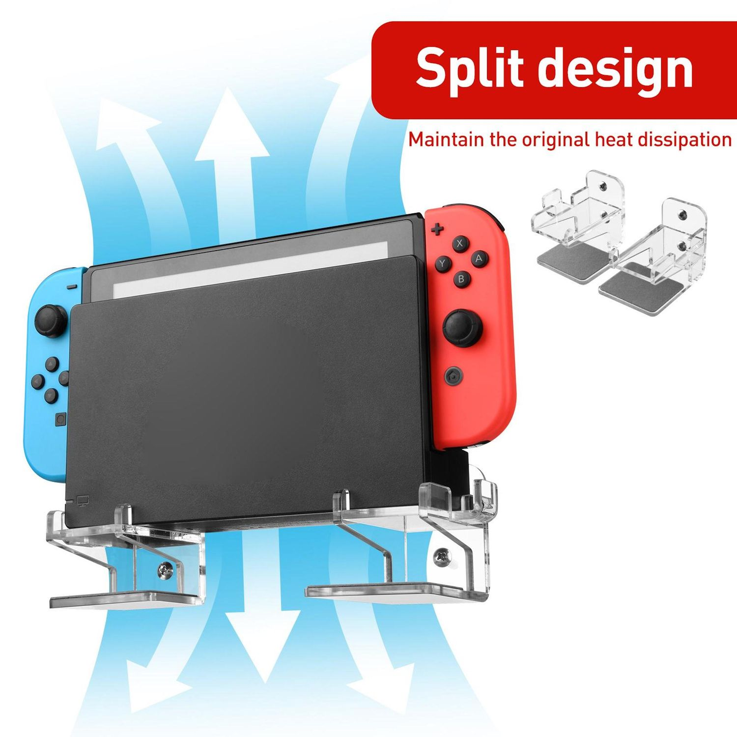 Nintendo Switch-Konsole in einem transparenten Halter. Blaue und rote Controller. Weiße Pfeile zeigen den Luftstrom an.