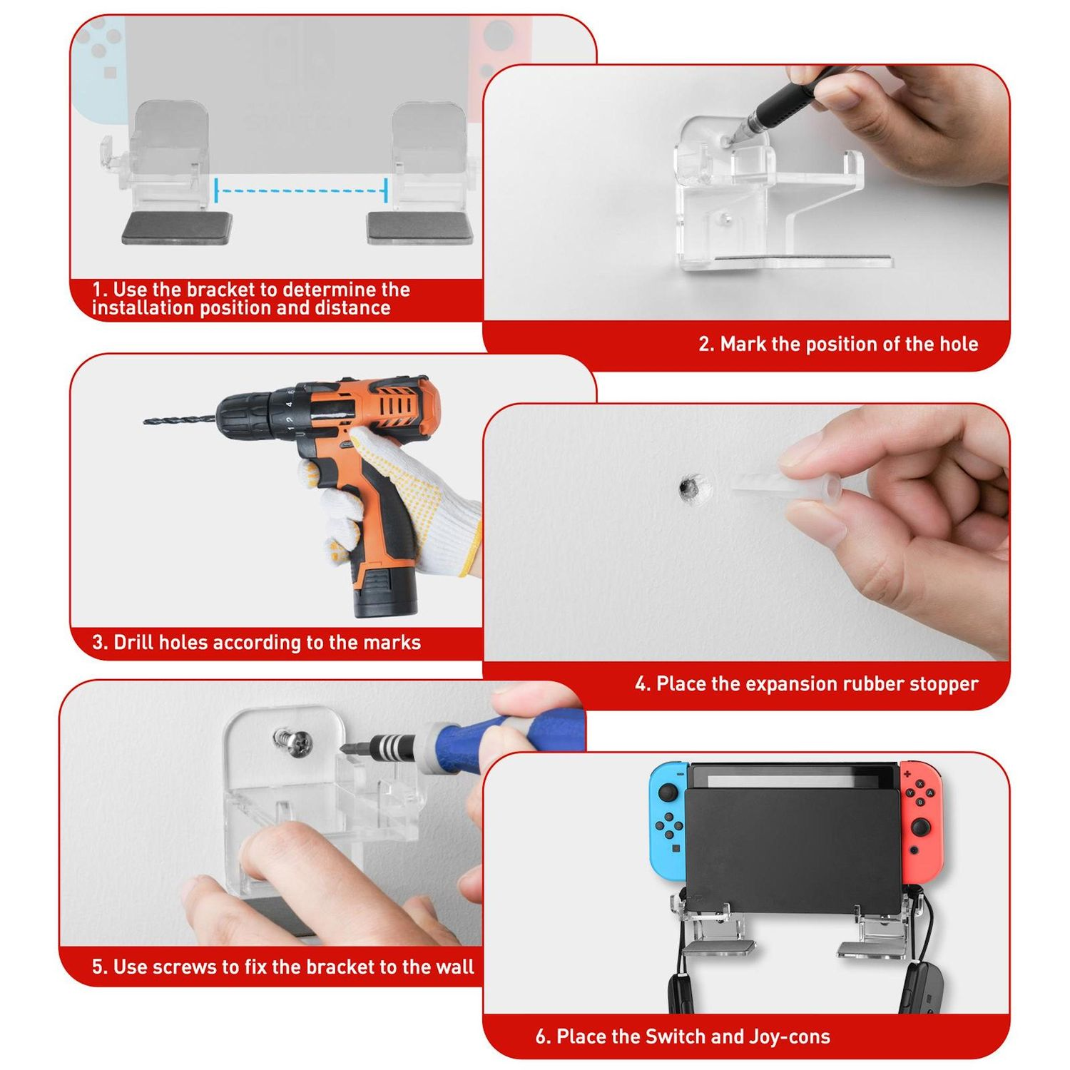 Anleitungsbild mit Schritten zur Installation einer Halterung. Enthält Markieren, Bohren, Einsetzen von Stoppern und Anschrauben der Halterung. Der letzte Schritt zeigt den Switch.