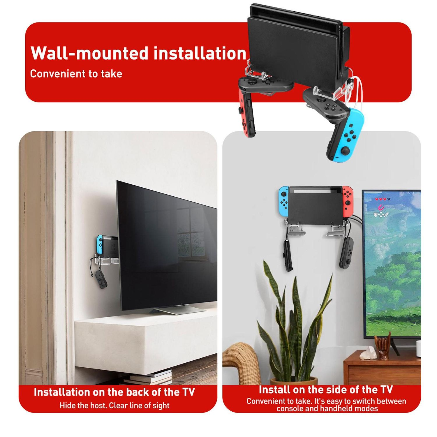 Eine Wandkonsole mit Controllern. Es zeigt die Installation hinter und neben dem Fernseher, mit Text für jedes Setup.