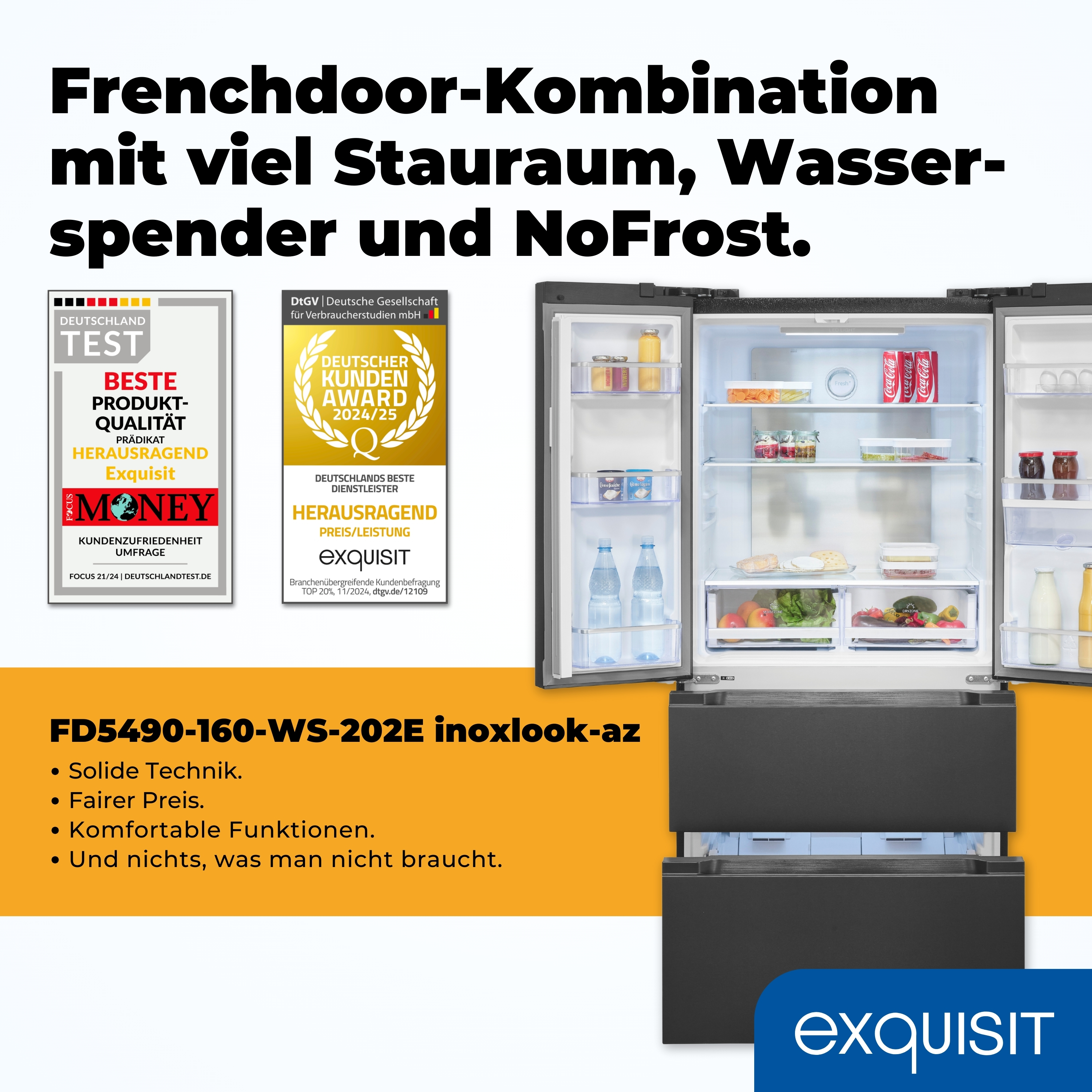 Ein Kühlschrank mit French Doors, Auszeichnungen und Produktdetails. Er hat viel Stauraum, Wasserspender und NoFrost.