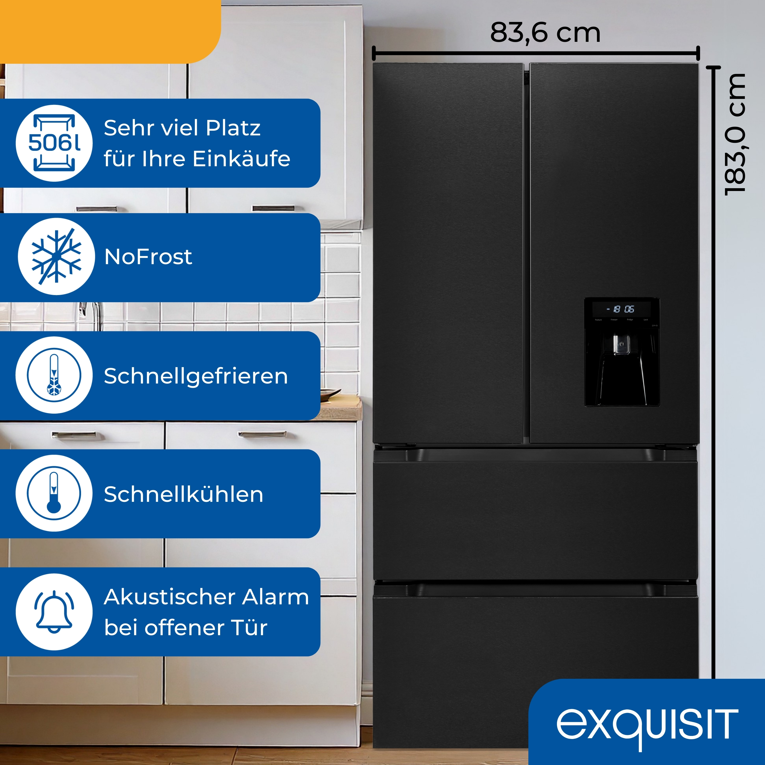 Ein schwarzer Exquisit-Kühlschrank mit Abmessungen. Zu den Merkmalen gehören NoFrost, schnelles Gefrieren und Kühlen sowie ein Türalarm.