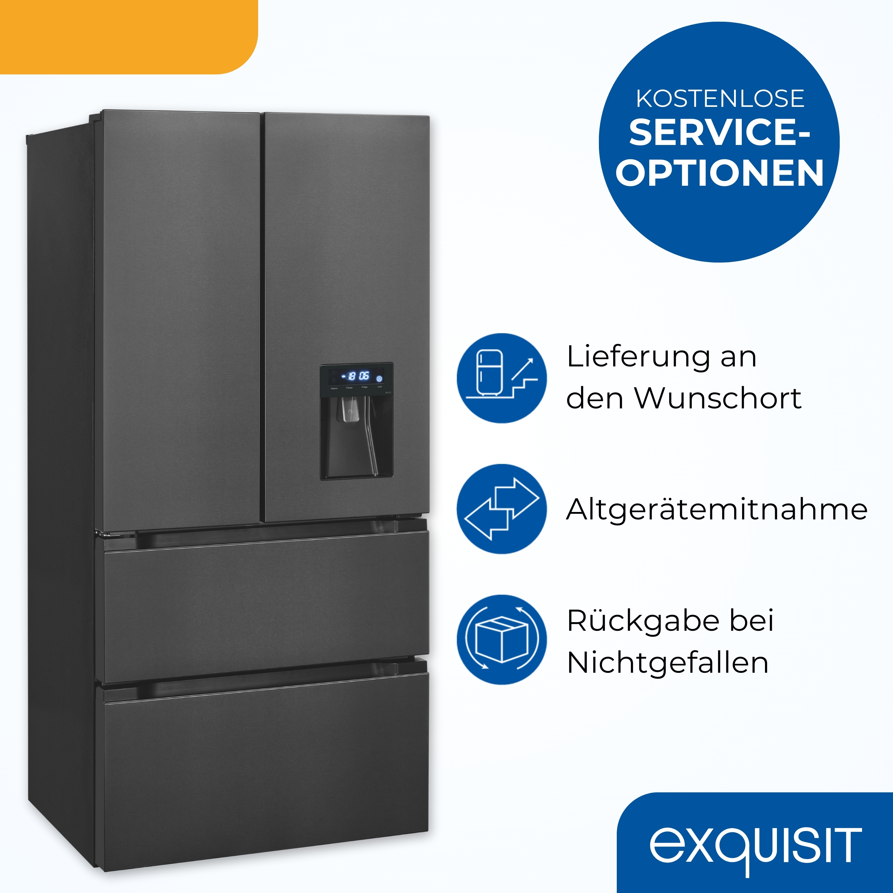 Ein schwarzer Kühlschrank mit Wasserspender. Blaue Kreise listen kostenlose Serviceoptionen auf. Eine orange Form oben links.