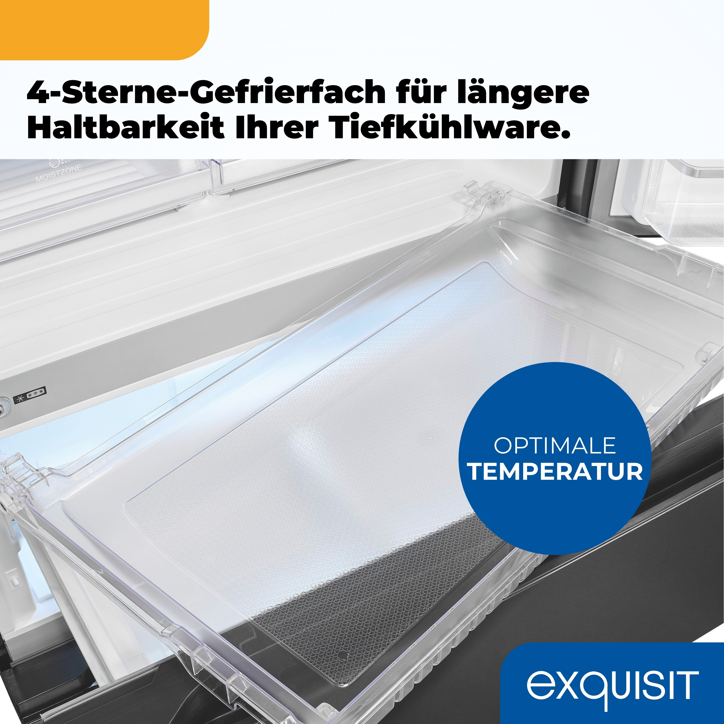 Kühlschrankinnenraum mit klarer Schublade und blauem Kreis mit Text. Enthält Text '4-Sterne-Gefrierfach...' und 'exquisit' Logo.
