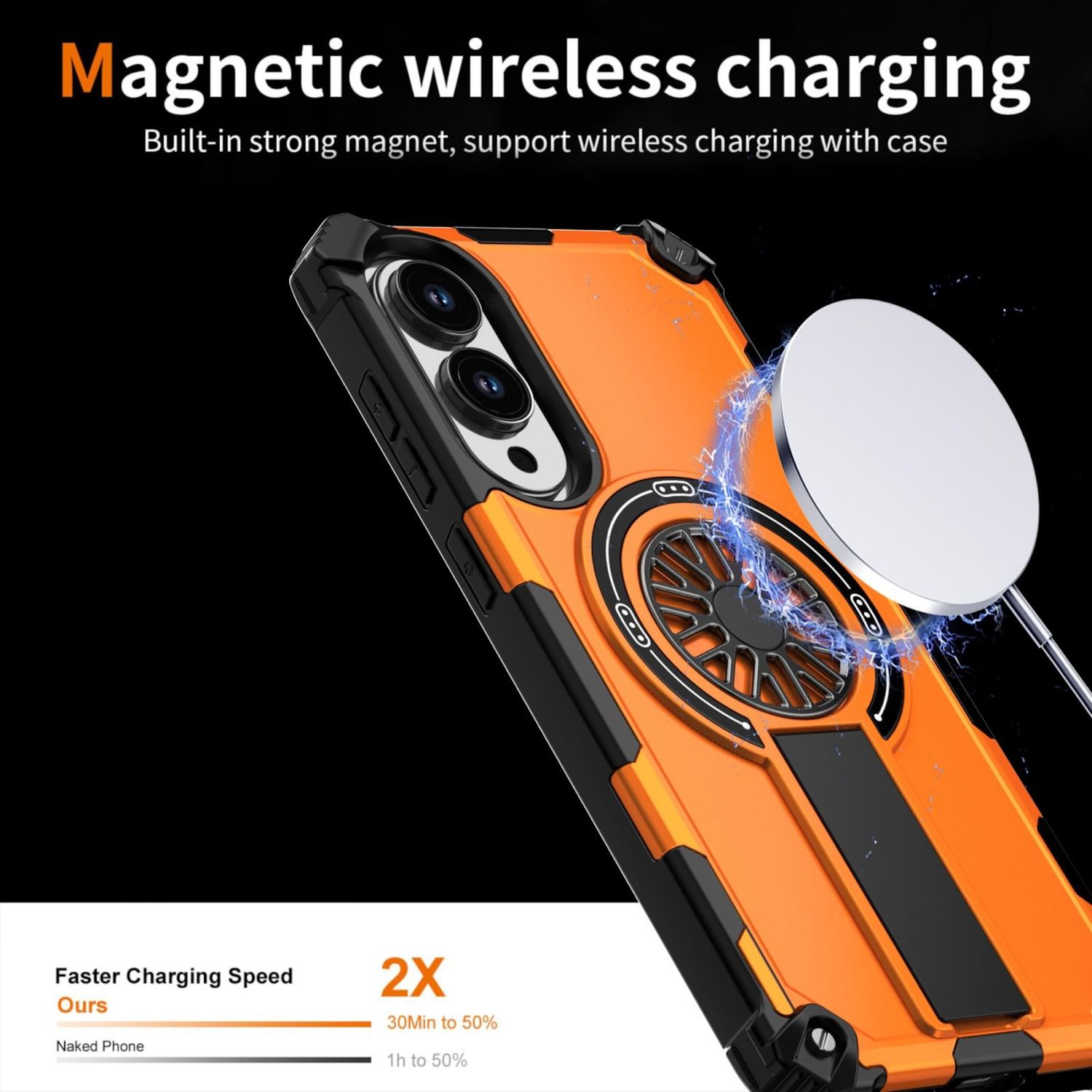 Eine orangefarbene Handyhülle mit schwarzem Rahmen wird magnetisch geladen. Ein weißes Ladepad schwebt darüber. Text wirbt für schnelleres Laden.
