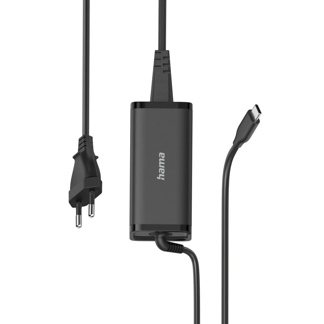 Schwarzes Hama-Ladegerät mit drei Kabeln: Stecker, Adapter und USB-C. Weißer Hintergrund.